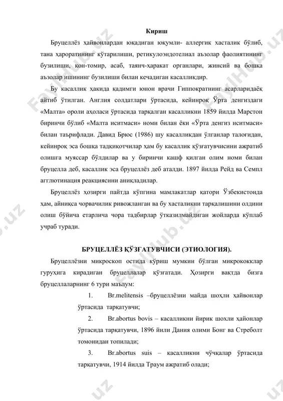 ўйлардан ажратиб олинади; 6. br.canis – итлар ўртасида касаллик тарқатувчи, 1966 йилда итлардан ажратиб олинади. бруцеллалар жуда майда шар ёки овалсимон шаклдаги бактериялар бўлиб, харакатсиз, споралар ҳосил қилмайдиган, анилин буёги билан енгил бўяладиган, грамсалбий, факултатив анаэроблардир. улар ўзгарувчан бўлиб «s» шаклдан «l» ва «r» шаклларга ўтиши мумкин, эндотоксинлар ишлаб чиқаради. сунъий овқатларда бруцеллалар жуда секин ўсади, 10-14 кундан то 3 ойгача бўлган муддатда майда ялтироқ тўдалар ҳосил қилади. улар учун жигарли агар ва жигардан тайёрланган шўрва яхши озуқа ҳисобланади. бруцеллалар ташқи муҳитга чидамлилиги ва яшаши билан бир-биридан фарқланади. улар паст ҳароратга чидамли, музда ва қорда 1,5 ойдан 4 ойгача сақланади. лекин 60-700с гача қиздирилганда 30 дақиқа ичида ўлади, 80-850сда 5 дақиқа қайнатилганда шу заҳотиёк ўлади. тўғри қуёш нури, одатдаги концентрациядаги дезинфекцион эритмалар аралашмаси (хлорли оҳак, лизол) ва антибиотиклар бруцеллаларни ўлдириш хусусиятларига эга. бруцеллёз манбаи ва юқиш йўллари. бруцеллёз зооноз гуруҳи хасталикларига киради. касалликни асосий манбаи бўлиб қишлоқ хўжалик ҳайвонларидан: қўйлар, …