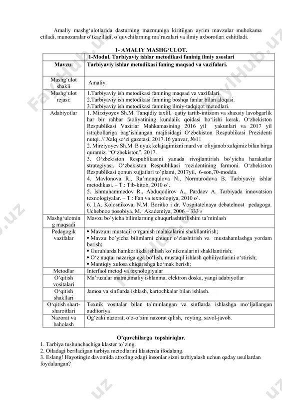 2 3-modul. “jamoa va uni tashkil etish” 8-mavzu. jamoa haqida tushuncha.jamoani tashkil etish metodikasi. sinf jamoasini tashkil etish va tarbiyalash o‘quvchilar j`amoasini shakllantirish usullari. 8.1 jamoa haqida tushuncha.jamoani tashkil etish metodikasi. sinf jamoasini tashkil etish va tarbiyalash,o‘quvchilar jamoasini shakllantirish usullari. 2 9-mavzu. maktabning o‘quv ishlari bo’yicha direktor o‘rinbosarining vazifalari. ota-onalar bilan ishlash metodikasi. 9.1. maktabning o ‘quv ishlari bo’yicha direktor o‘rinbosarining vazifalari. ota-onalar bilan ishlash metodikasi. 2 jami: 18 amaliy mashg‘ulotlarini tashkil etish bo’yicha ko‘rsatmalar. amaliy mashg‘ulotlarida dasturning mazmuniga kiritilgan ayrim mavzular muhokama etiladi, munozaralar o‘tkaziladi, o’quvchilarning ma’ruzalari va ilmiy axborotlari eshitiladi. 1- amaliy mashg‘ulot. 1-modul. tarbiyaviy ishlar metodikasi faninig ilmiy asoslari mavzu: tarbiyaviy ishlar metodikasi faning maqsad va vazifalari. mashg‘ulot shakli amaliy. mashg‘ulot rejasi: 1.tarbiyaviy ish metodikasi fanining maqsad va vazifalari. 2.tarbiyaviy ish metodikasi fanining boshqa fanlar bilan aloqasi. 3.tarbiyaviy ish metodikasi fanining ilmiy-tadqiqot metodlari. adabiyotlar 1. mirziyoyev sh.m. tanqidiy taxlil, qatiy tartib-intizom va shaxsiy lavobgarlik har bir rahbar …