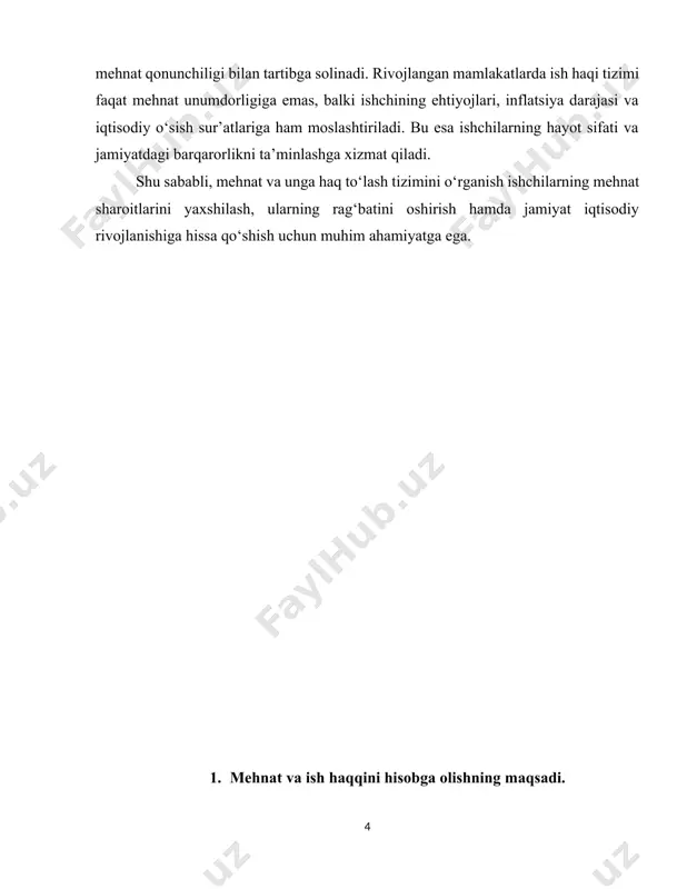 mehnat haqi - bu tovaming puldagi ifodasi “ishchi kuchi” yoki “ishchi kuchining narxi”. uning miqdori ishlab chiqarish sharoiti hamda bozor omillari - talab va taklif, ya’ni bu omillar ta’sirida bozorda ishchi kuchi narxi va ish haqi o‘rtasida tafovut yuzaga keladi (ish haqi haqiqiy narxidan oshishi yoki kamayishi mumkin). mehnat haqi - bu jamiyat ko’lamida milliy daromadning ishchilar va xizmatchilar o‘rtasida ular mehnatining miqdori va sifatiga muvofiq taqsimlanadigan hamda shaxsiy iste’moli maqsadlari uchun foydalaniladigan qismidir. o‘zbekiston respublikasida fuqarolaming mehnat qilish huquqi o‘zbekiston respublikasi konstitutsiyasi bilan mustahkamlangan[footnoteref:0]. unga ko‘ra, har bir shaxs mehnat qilish, erkin kasb tanlash, adolatii mehnat sharoitlarida ishlab va qonunda ko‘rsatilgan tartibda ishsizlikdan himoyalanish huquqiga egadir. mehnat haqining miqdorini belgilash ish beruvchi bilan xodim o‘rtasidagi kelishuvga binoan belgilanadi.[footnoteref:1] [0: o’zbekiston respublikasi konstitutsiyasi,-t.; o’zbekiston 2009-45b. ] [1: http://www.lex.uz ] o’zbekiston respublikasi mehnat kodeksintng 150-moddasiga muvofiq xodimning arizasiga ko‘ra unga ish haqi saqlanmagan holda ta'til berilishi mumkin, uning davomiyligi xodim va …