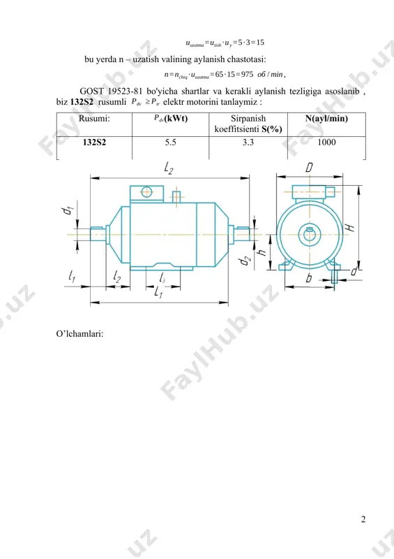 rchak tezliklari [7, 5-bet] : yetaklovchi vallari quvvati: silindrik reduktorning etaklovchi valining kinematik va energetik ko`rsatkichlarini aniqlaymiz: a). aylanishlar soni n1 = n dv / utas = 973 / 1,6 = 608 ayl./ min; b). burchak tezligi w 1 = π n 1 / 30 = π 608 / 30 = 20,2 rad / sek; v). uzatiladigan quvvat n1 = nх η tas = 7,81 0,95 = 7,4 kvt; g). burovchi moment t1 = n 1 / w 1 = 7,4 103 / 20.92 = 366 103 nmm. reduktorning etaklanuvchi vali uchun: a). aylanishlar soni n2 = n s = 238 ayl./ min; b). burchak tezligi w2 = π n2 / 30 = π 238 / 30 = 24.9 rad / sek; v).uzatiladigan quvvat n2 = n1 η t.u. = 7,4 0,97 = 7,1 kvt; g). burovchi moment t2 = n2 / w2 = 7,1 103 / 24,9 = 285,1 …