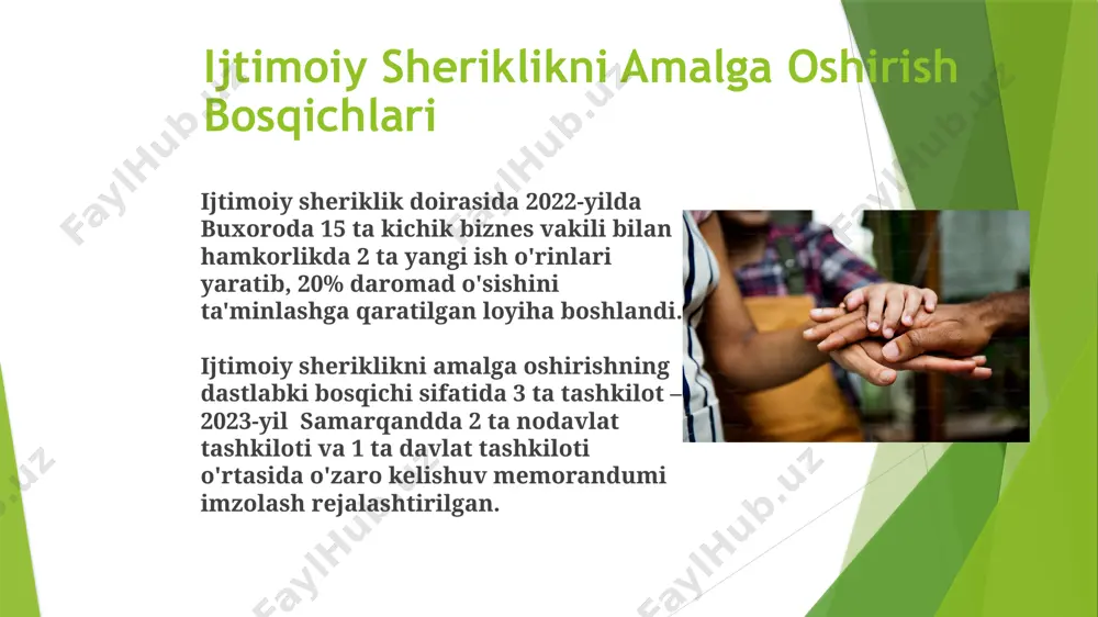 olishdan iborat. buxoro viloyatida bunday model samarali ishlamoqda. samarqanddagi loyihalar shuni ko‘rsatadiki, ijtimoiy sheriklikning barqaror rivojlanishi uchun 10% dan kam bo‘lmagan darajada davlat tomonidan moliyalashtirish va loyihalarning aniq va o‘lchovli natijalarga yo‘naltirilishi zarur. ijtimoiy sheriklikning asosiy prinsiplari samarqand viloyatida 2022-yilda amalga oshirilgan "kamolot" yoshlar ijtimoiy harakati va mahalliy biznes vakillari o'rtasidagi sheriklik loyihasi 500 dan ortiq yoshga ish o'rinlari yaratdi. toshkent shahridagi "barkamol avlod" jamg'armasi va "uzbekistan airways" kompaniyasi o'rtasidagi hamkorlik natijasida 2023-yilda 100 nafarga yaqin talaba xorijga o'qishga stipendiya oldi. muvaffaqiyatli ijtimoiy sheriklik misollari andijon viloyatida 2023 yilda ijtimoiy sheriklikning samaradorligini oshirish maqsadida, oliy majlis tomonidan 7 ta yangi qonun hujjati loyihalari ishlab chiqilgan bo'lib, ular fuqarolar jamiyatining ishtirokini 20% ga kuchaytirishi kutilmoqda. ijtimoiy sheriklikni rivojlantirishda samarqand viloyati tajribasi 2022-yilda 30% ga o'sgan bo'lib, bu yerda 5 ta yirik korxona bilan davlat tashkilotlari o'rtasidagi hamkorlik natijasidir. ijtimoiy sheriklikni rivojlantirish yo’llari ijtimoiy sheriklikning samaradorligini oshirish maqsadida, 3 ta asosiy yo'nalish …