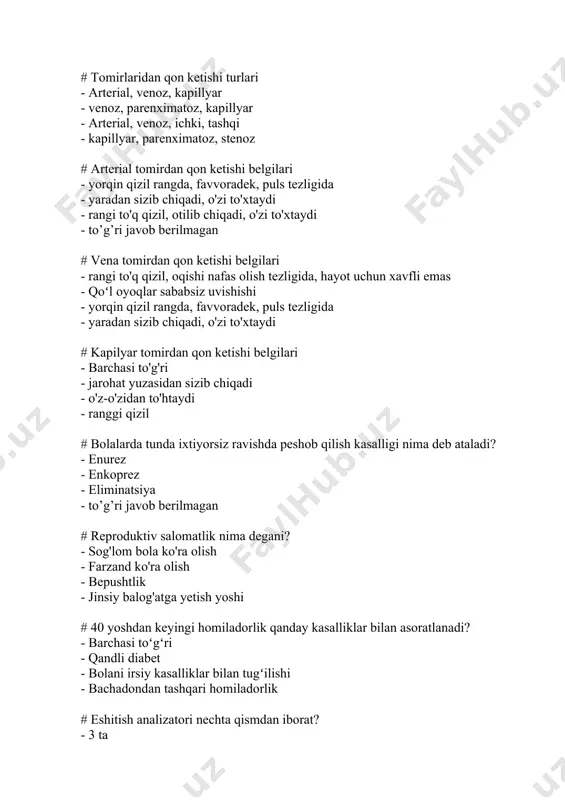 ayerdan boshlanadi? - chap qorinchadan - о‘ng qorinchadan - chap bо‘lmasidan - to’g’ri javob berilmagan # qoning shakilli elementlariga nimalar kiradi? - barcha javoblar to’g’ri - eritrositlar - leykositlar - trombositlar # katta qon aylanish doirasi qayerda tugaydi? - о‘ng bо‘lmacha - chap bо‘lmacha - chap qorincha - о‘ng qorincha - to’g’ri javob berilmagan # kichik qon aylanish doirasi qayerda tugaydi? - chap bо‘lmacha - о‘ng bо‘lmacha - chap qorincha - о‘ng qorincha - to’g’ri javob berilman - atmosfera havosi nafas olganda birinchi bо‘lib qayerga tushadi? - burunga - hiqildoqqa - bronxlarga - traxeyaga - o’pkaga # gaz almashinuvi qayerda kechadi? - bronxiolalarda - bronxlarda - traxeyada - о‘pkada - to’g’ri javob berilmagan # oqsilning hazm qilinishi qayerda boshlanadi? - oshqozonda - ingichka ichakda - kо‘r ichakda - to’g’ri ichakda # somatotrop gormonini qaysi bez sintezlaydi? - oshqozon osti bezi - qalqonsimon bez - gipofiz - buyrak usti bezi - …