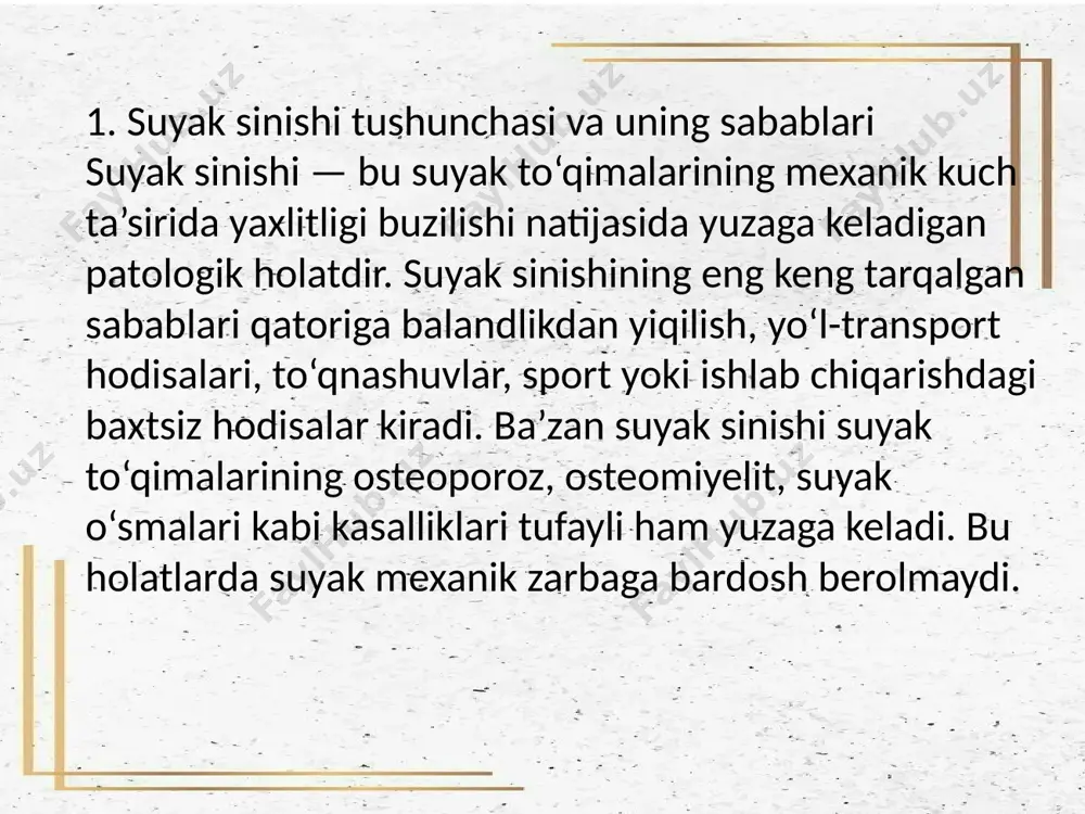 a suyak bo‘laklarining siljishini oldini olishdir. bu jarayonda shinalar yoki oddiy vositalardan (taxta, qog‘oz, ro‘mol, karton) foydalaniladi. immobilizatsiya qoidalari: shina sinish joyi va uning yuqori-pastki bo‘g‘imlarini to‘liq qamrab olishi kerak. shinani qo‘yishdan avval kiyimni yechishga urinmaslik, jarohatlangan joyga ehtiyotkorlik bilan munosabatda bo‘lish lozim. ochiq sinishlarda jarohat ustiga sterillangan bog‘lov qo‘yiladi, so‘ngra immobilizatsiya qilinadi. sinish joyini ko‘tarilgan holatda tutish shish va qon quyilishini kamaytiradi immobilizatsiya tibbiyotda “syndesmologik muvozanatni saqlash” prinsipi asosida amalga oshiriladi. ochiq sinishlar uchun "infektsion xavf omili" yuqori bo‘lgani bois antiseptik ishlov va steril bog‘lov majburiydir. tez tibbiy yordam yetib kelguncha ko‘rsatilgan to‘g‘ri birinchi yordam, murakkab asoratlarning (osteomiyelit, shok, qon yo‘qotish, deformatsiya) oldini olishda hal qiluvchi rol o‘ynaydi. sinish asoratlari va profilaktika choralari to‘g‘ri davolanmagan yoki kechikkan hollarda sinishlar turli asoratlar keltirib chiqarishi mumkin: suyak noto‘g‘ri bitishi (deformatsiya); surunkali og‘riq va harakat chegaralanishi; infeksiya (ayniqsa ochiq sinishda); suyak bitishining sekinlashuvi yoki butunlay bitmasligi (psudartroz); tromboz va qon aylanish buzilishi. …