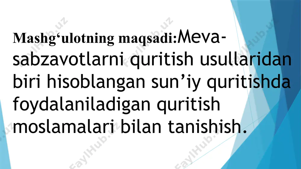 15 24,0 quyoshli quritish shkafi breysning quyoshli quritish shkafi ushbu qirqimda havo oqimi uskunaning pastki qismidan kirib, quritilayotgan mahsulotni kesib o‘tib, yuqori tuynuklardan chiqib ketishi ko‘rsatilgan quritgichlarda quritish samaradorligi yuqori bo‘lishi uchun quritgichda havo aylanishi yuqori bo‘lishi lozimdir. havoning aylanishi tabiiy bo‘lishi bilan ventilyatorlar yordamida amalga oshirilishi ham mumkin. quyoshli quritishda yuqorida ko‘rsatib o‘tilgan omillarga ya’ni quyosh energiyasi va havo miqdori hamda havoning nisbiy namligiga bog‘liq. quyoshli quritishning odatiy muddati quyosh nuri miqdori va harorati, mahsulot namligi, qismlar o‘lchami, havo harakati tezligidan kelib chiqib 1 kundan 3 kungacha bo‘lishi mumkin. chodirli quritgich chodirli quritgichlarning boshqa quritgichlardan farq qiluvchi belgisi sifatida quritish kamerasi va kollektorning birgaligidir. bunday quritgichlar quritilayotgan mahsulotni chang, loy, yomg‘ir, shamol va zararkunandalardan himoya qiladi. 10-rasm. mayda chodirli quritgich, 11-rasm. katta chodirli quritgich, gana gana quyoshli tunnelli quritgich ko‘pgina quyosh energiyasidan foydalanuvchi quritgichlar havo aylanishini yaxshilash uchun foydalaniladigan ventilyatorlar quvvati uchun fotoelementlardan foydalanishni yo‘lga qo‘yganlar. bunday quritgichlarni tayyorlash …