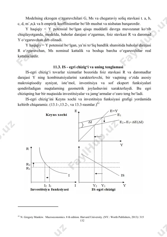 ala bozorda muvozanatni ta’minlaydigan kombinatsiyalarini topish imkonini beradi. modelning asosiy tenglamalari quyidagilar: 1. y=c +i + g +xn — asosiy makroiqtisodiy ayniyat. 2. c = a+b (y-t) — iste’mol funksiyasi, bu yerda t = ta + ty. 3. i = e-dr — investitsiya funksiyasi. 4. xn = d- m`y - nr — sof eksport funksiyasi. 5. m/p =ky - hr — pulga talab funksiyasi. is-lm modelida ko‘rilgan barcha tenglamalar bajarilsa muvozanatga erishiladi. modelning endogen o‘zgaruvchilari y, c, i, xn va foiz stavkasi r. 60 n. gregory mankiw. macroeconomics. 8 th edition. harvard university. (ny.: worth publishers, 2013): 304 81 агапова т.а., серегина с.ф. макроэкономика:учебник.-10-е изд.перераб. и доп.-м.:издательство “мфпу синергия”, 2013. с.191. 132 modelning ekzogen o‘zgaruvchilari g, ms va chegaraviy soliq stavkasi t. a, b, c, d, m`,n,k va h empirik koeffitsientlar bo‘lib musbat va nisbatan barqarordir. y haqiqiy < y potensial bo‘lgan qisqa muddatli davrga muvozanat ko‘rib chiqilayotganda, modelda, baholar …