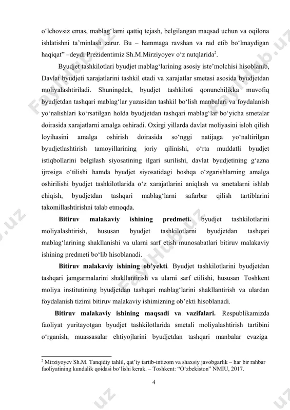 ssasalar ehtiyojlarini byudjetdan tashqari manbalar evaziga 2 mirziyoyev sh.m. tanqidiy tahlil, qat’iy tartib-intizom va shaxsiy javobgarlik – har bir rahbar faoliyatining kundalik qoidasi bo‘lishi kerak. – toshkent: “o‘zbekiston” nmiu, 2017. qondirish va ularni moliyalashtirishning ko‘pkanalli tizimini takomillashtirishga qaratilgan asoslangan takliflar ishlab chiqishdan iborat. bitiruv malakaviy ishining oldiga qo‘yilgan maqsadga erishish uchun quyidagi asosiy vazifalar belgilab olindi: · davlat ijtimoiy-iqtisodiy siyosatini amalga oshirishda byudjet tashkilotlarining ahamiyati va ularning tashkiliy-huquqiy asoslarini o‘rganish; · byudjet tashkilotlari xarajatlarini moliyalashtirish manbalari va unda byudjetdan tashqari manbalarning ahamiyatini o‘rganish; · byudjet tashkilotlari byudjetdan tashqari mablag‘larini shakllantirish amaliyotini tahlil etish; · byudjet tashkilotlarining byudjetdan tashqari mablag‘laridan foydalanish amaliyotini tahlil qilish; · byudjet tashkilotlari faoliyatini yaxshilash va byudjet mablag‘laridan foydalanishni takomillashtirish masalalarini tadqiq etish; · byudjet tashkilotlarining byudjetdan tashqari mablag‘larini shakllantirishni kengaytirish yo‘nalishlarini tadqiq etish; · izlanishlar asosida byudjet tashkilotlarida byudjetdan tashqari mablag‘larni jalb qilish va ulardan foydalanishni takomillashtirishga qaratilgan takliflar ishlab chiqish. bitiruv malakaviy ishi mavzusining nazariy …