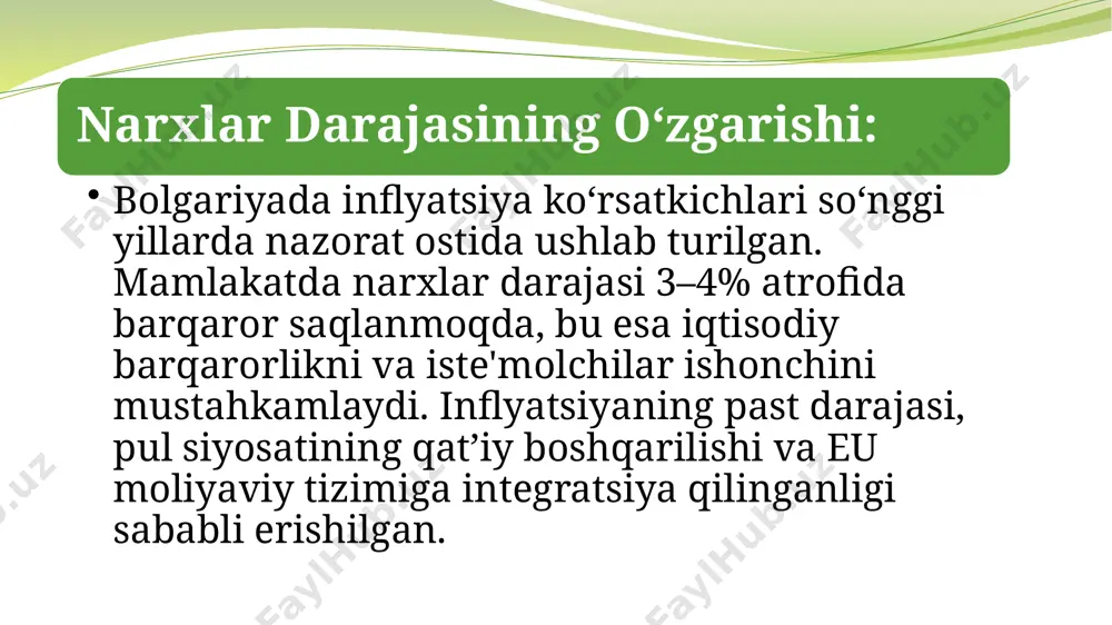 ohotlar va tashqi savdo strategiyalari tufayli bu tendensiya yaxshilanishi kuzatilmoqda. bu esa mamlakatning eksport salohiyatini oshirishga va importni optimallashtirishga qaratilgan choralarga bog‘liq. investitsiya muhiti: bolgariya evropaning eng raqobatbardosh investitsiya muhitlaridan biri sifatida tanilgan. mamlakatning korporativ soliq stavkasi – 10% – eu doirasida eng pastlaridan hisoblanadi, bu esa xorijiy sarmoyalarni jalb qilishda muhim omil hisoblanadi. jalb qilingan xorijiy sarmoyalar: mamlakatga kirayotgan fdi asosan avtomobilsozlik, it, energetika, ishlab chiqarish va logistika sohalariga yo‘naltirilgan. xorijiy sarmoyalar mamlakat iqtisodiyotiga o‘rtacha yillik $2–3 milliard atrofida kiritilmoqda. bu sarmoyalar zamonaviy texnologiyalarni joriy etish, ishlab chiqarish samaradorligini oshirish va eksport salohiyatini mustahkamlashga yordam beradi. bolgariya davlatining shunday ijobiy natijaga erishgani sababini 10 ta misol 1 past korporativ soliq stavkasi: bolgariyada korporativ soliq stavkasi – 10% – eu doirasidagi eng past stavkalardan biri bo‘lib, biznesni rivojlantirish va xorijiy investitsiyalarni jalb qilishga katta turtki bo‘ladi. 2 eu a’zoligi va bozor integratsiyasi: euga a’zo bo‘lganligi bolgariyaga yevropa yagona bozoriga to‘liq …
