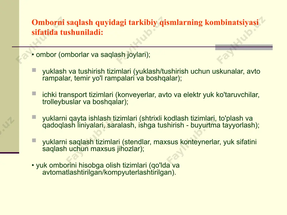 ifali ombor c toifali ombor d toifali ombor xizmatlarini tashkil etishning asosiy tamoyillari transport vositalarini tushirish va yuklash tovarni qabul qilish (tovarni qabul qilish - ombordagi tovarlar harakati va moliyaviy javobgarlikning yuzaga kelishi bilan bog'liq dastlabki operatsiya) saqlash uchun joylashtirish (tovarlarni tokchalarga, qoziqlarga joylashtirish) saqlash joylaridan tovarlarni tanlash (tovarni saqlash joylaridan tanlash (qadoqlash), chiqarishga tayyorlash: qadoqlash, chekka, etiketka va boshqalar). tovarlarni yig'ish va qadoqlash tovarlarning ombor ichidagi harakati mahsulotni ilgari surish kanallaridagi omborlar tovar taqsimlash tizimlarida ishtirok etuvchi korxonalarda omborlar asosiy funksional birliklar hisoblanadi. ishlab chiqaruvchilar va iste'molchilar o'rtasida tovarlarni ilgari surish tizimlari quyidagilarga bo'linadi: 1. to'g'ridan-to'g'ri (ishlab chiqaruvchi - diler va yirik iste'molchilar), diler - bu mahsulotlarni ulgurji sotib oladigan va ularni chakana yoki oz miqdorda sotadigan tadbirkorlik ishtirokchisi, jismoniy yoki yuridik shaxs. odatda bu mahsulot ishlab chiqaruvchi kompaniyalarning agentlari bo'lib, uning dilerlik tarmog'ida ishtirok etadilar. 2018-04-22​ echeloned (ishlab chiqaruvchi - distribyutor - dilerlar va yirik iste'molchilar) distribyutor (inglizcha: …