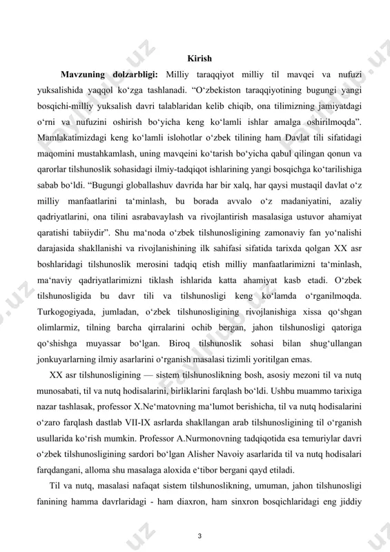 ni. lisoniy va nutqiy birliklar. til, lison va nutq munosabati kurs ishning tadqiqot uslubi va uslubiyoti: ilmiy ommabop manbalardan to‘plangan ma’lumotlar tahlil qilib,xulosa va takliflar qilish. kurs ishi tuzilishi: bajarilgan kurs ishi kirish qismi, asosiy qism va qilingan xulosalardan iborat. ishda o‘rganilishi e’tiborga olingan ma’lumotlar tushunarli ravishda ifodalash uchun chizma jadvallar va rasmlar berildi.ishga qo‘yilgan maqsadga erishishi uchun to‘plangan adabiyotlar manbalarning nomlari va elektron manzillari keltirildi. asosiy qism 1. til hodisalarida zohiriy (nutqiy) va botiniy (lisoniy) jihat. o‘zbek tilshunosligi o‘zining (xx asrning 20-yillaridan 90-yillari-gacha) amaliy bosqichni bosib o‘tdi. bu davrda amalga oshirilgan ishlar quyidagilardan iborat edi: 1) tilning bo‘limlari aniqlandi; 2) har bir bo‘limga doir birliklar chegaralandi; 3) birliklarning zohiriy alomatlari yoritildi. masalan, fonetika sohasida hozirgi o‘zbek tilida 6 ta unli, 24 ta undosh borligi aniqlanib, ularning bevosita sezgi a’zolariga ta’sir qiluvchi xossalari o‘rganildi. unlilardagi lablanganlik-lablanmaganlik, til orqa, til o‘rta, til oldi, yuqori torlik, quyi va o‘rta kenglik belgilari shular …