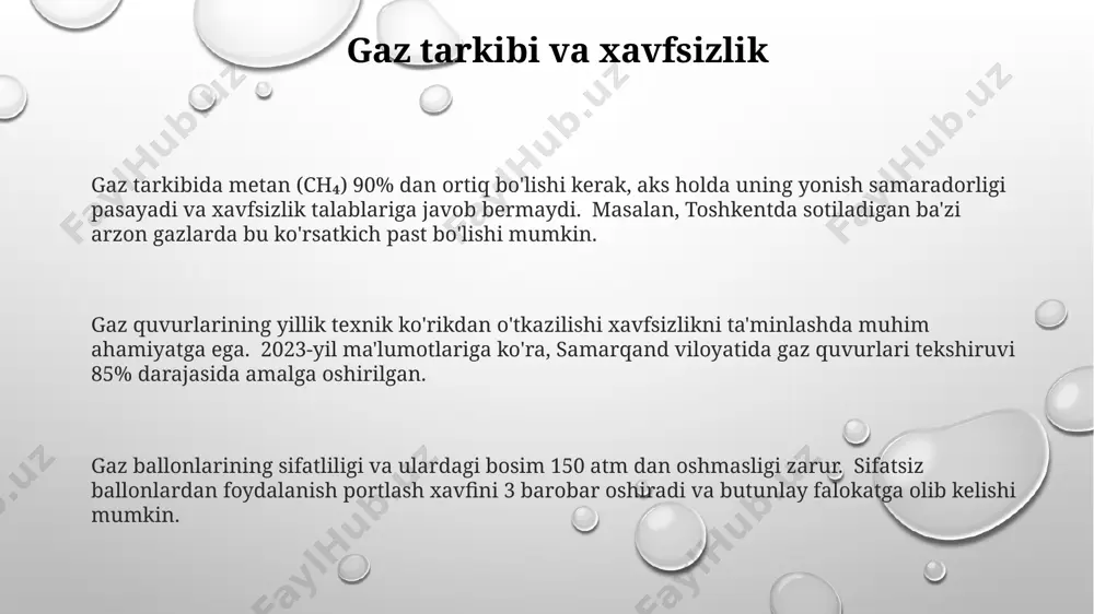 ib, qashqadaryo viloyatining gaz konlaridan qazib olinadi va 2023 yilda yuqori sifat standartlariga javob beradi. surxondaryo viloyatidagi zavodlarda ishlab chiqarilgan ekologik toza gaz turlari, yillik 15 million kubometrdan ortiq hajmda ishlab chiqariladi va evropa standartlariga mos keladi. toza gaz ishlab chiqarishda 5 dan ortiq filtrlash bosqichlaridan foydalaniladi, bu esa toshkent shahriga yetkazib beriladigan gazning zararli moddalar miqdorini 0.01% dan pastga tushiradi. tejamkor gaz iste'moli “tejamkor gaz” iste’molchilari orasida 2023-yilda toshkent shahrida o‘tkazilgan so‘rov natijalariga ko‘ra, 90% dan ortiq foiz mijozlar mahsulot sifatidan mamnunligini bildirgan. tejamkor gaz kompaniyasi 2022 yildan buyon andijon viloyatida 1000 dan ortiq maishiy gaz tarmog‘ini modernizatsiya qilib, gaz yetkazib berish samaradorligini 15% ga oshirdi. “tejamkor gaz”ning 12 kg li ballonga nisbatan 50 kg li silosiga o‘tish 30% ga yaqin gaz xarajatlarini tejash imkonini beradi, samarqand viloyati misolida amaliyotda tasdiqlangan. gazdan foydalanish bo'yicha maslahatlar gazni tejash uchun, 20°c dan past haroratlarda uyda gaz plitalaridan foydalanishda suvni qaynatish vaqtida …