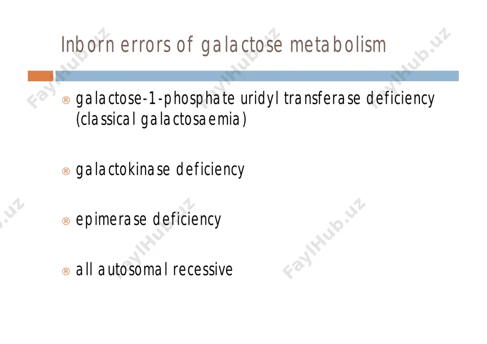 ve outcome ¨ but ¤ early presentation ¤ variants detected classical galactosaemia - treatment ¨ restriction of galactose and lactose ¨ neonate ¤ soya milk ¨ older child ¤ avoid hidden sources ¤ milk powder, milk solids, hydrolysed whey ¤ drugs in tablet form, toothpaste, baking additives, fillers in sausages ¤ some cheeses are allowed (emmenthal, gruyère, mature cheddar) ¨ vegetables ¤ galactolipids, polysaccharides, disaccharides, oligosaccharides ¤ need (bacterial) α-galactosidase to be broken down classical galactosaemia - long term outcome ¨ poor intellectual function ¤ falling iq with age ¨ delayed speech development ¨ introverted personalities ¨ mild growth retardation ¨ ovarian dysfunction ¤ loss of bone mineral content ¤ hrt may be required fsh in female galactosaemics 0 10 20 30 40 50 60 70 80 0.0 5.0 10.0 15.0 20.0 25.0 30.0 35.0 40.0 age (years) fs h (u /l ) bone density in galactosaemia ¨ calcium intake …