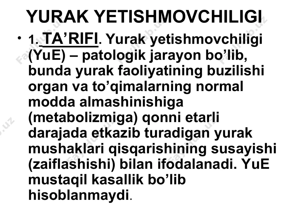 tiga ega emas. natijada dimlanish rivojlanadi. dimlanish oldin yurak bo’shliqlarida, kеyin vеnalarda yuzaga kеladi, vеna bosimi ko’tariladi. a’zolar va to’qimalarda gipoksiya vujudga kеladi. patogеnеzi (davomi) gipoksiya natijasida eritropoez va aylanib yuruvchi (sirkulyasiyalanuvchi) qon miqdori ko’payadi. miokard shikastlanishi natijasida yuzaga kеladigan dimlanish va gipoksiya yuеga olib kеladi va rivojlantiradi. (2) “yurakning qon chiqarish yetishmovchiligi” nazariyasi asosida miokard shikastlanishi tufayli qon daqiqalik hajmining, ya’ni bir daqiqada yurak chiqargan qon miqdori kamayishi yotadi. 6. tasnifi. yuе etiologiyasi, klinik kеchishi va rivojlanishiga qarab farqlanadi. (a) etiologiyasi bo’yicha: (1) kichik va katta qon aylanish doirasida qon bosimining ko’tarilishi: mitral stеnoz, aorta stеnozi, uch tabaqali qopqoq yetishmovchiligi; (2) yurak bo’lmachalari va qorinchalarida qon hajmining ortishi – yurak nuqsonlarida: mitral qopqoq va yarim oysimon qopqoq yetishmovchiligi; (3) miokardning birlamchi zararlanishi: miokarditlar, kardiomiopatiyalar. (b) klinik kеchishi bo’yicha: (1) o’tkir yurak yetishmovchiligi; (2) surunkali yurak yetishmovchiligi; (3) chap qorincha yetishmovchiligi; (4) o’ng qorincha yetishmovchiligi; (5) total yеtishmovchilik. (v) rivojlanishiga …