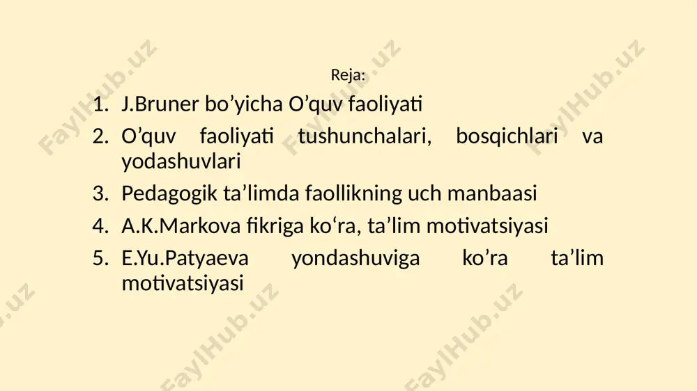 ivojlanishiga bog‘liq. o‘quv faoliyati nazariyasi pedagogika va psixologiya fanlarining muhim yo‘nalishlaridan biri bo‘lib, o‘quvchining bilimlarni egallash jarayoni, uning rivojlanishi va o‘qitish metodlari bilan bog‘liq. ushbu nazariya ta’lim jarayonining samaradorligini oshirishga qaratilgan bo‘lib, o‘quvchilarning mustaqil fikrlashi, bilimlarni ongli ravishda o‘zlashtirishi va amaliyotga tatbiq etish qobiliyatini shakllantirishga xizmat qiladi. o‘quv faoliyatining asosiy tushunchalari 1. o‘quv faoliyati – o‘quvchining maqsadli va boshqariladigan bilish jarayoni bo‘lib, unda yangi bilimlar, malakalar va ko‘nikmalar shakllanadi. 2. o‘qitish – pedagogik jarayon bo‘lib, unda o‘qituvchi va o‘quvchi o‘zaro muloqot qiladi, bilimlar yetkaziladi va o‘zlashtiriladi. 3. bilim, ko‘nikma va malaka – o‘quv faoliyatining natijalari bo‘lib, ular o‘quvchining aqliy rivojlanishiga xizmat qiladi. 4. motivatsiya – o‘quv faoliyatini amalga oshirishga undovchi ichki va tashqi omillar majmuasi. o‘quv faoliyati nazariyasining asosiy yondashuvlari 1. faoliyat yondashuvi bu yondashuv a.n. leontyev, s.l. rubinshteyn kabi psixologlar tomonidan ishlab chiqilgan bo‘lib, unga ko‘ra o‘quv faoliyati insonning ijtimoiy faoliyatining tarkibiy qismi sifatida qaraladi. o‘quv faoliyati quyidagi tarkibiy …