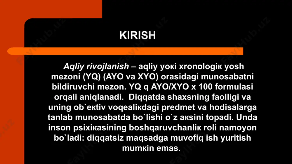 borat psixik holatdir. ongimiz yo`naltirilgan narsalar diqqatning ob`ekti deb ataladi. ob`ektiv voqelikdagi narsa va hodisalar, shuningdek, sub`ektiv kechinmalarimiz, taassurotlarimiz diqqat ob`ekti bo`lishi mumkin. diqqat aql, hissiyot va iroda singari mustaqil ong sohasini tashkil qilmaydi, u har bir ong funksiyasi bilan birgalikda namoyon bo`ladi; shaxs diqqat bilan idrok, tasavvur va tafakkur qiladi, diqqat bilan esda qoldiqiladi va esga tushiradi. foydalanilgan adabiyotlar: введение в психологию/ под общей ред. а. в. петровского. м., 1997. ғозиев э.ғ. умумий психология. 1-китоб. психология бўлими ғозиев э.ғ. психология. –т., ўзму «университет», 2003. выготский с.л. собрание сочинений в 6-ти томах. м. 1984. rubinshteyn.sotsiogenetika nazariya. интернет малумотлари. e`tiboringiz uchun rahmat image1.jpeg image2.png image3.png image4.png image5.jpeg image6.png image7.png image8.jpeg 149057318 /docprops/thumbnail.jpeg