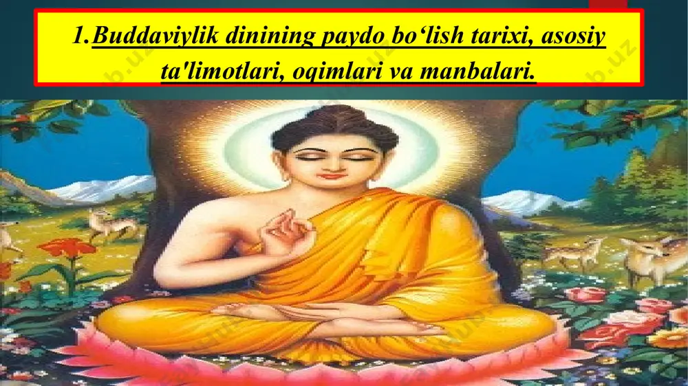 yo’li mavjud” degan g’oyadir. buddaviylik qonuniyatlariga ko’ra, inson o’ziga moslashgan mavjudot bo’lib, o’zida tug’iladi, o’zini-o’zi halok qiladi yoki qutqaradi. bu narsa buddaning ilk da’vatida mujassamlashgan 4 haqiqatda o’z ifodasini topgan. birinchi haqiqat “azob-uqubat mavjuddir” ikkinchi haqiqat - “qiynoqlarning sabablari mavjuddir” uchinchi haqiqat - “qiynoqlarni tugatish mumkin”. to’rtinchi haqiqat - qiynoqlardan qutilish yo’li mavjuddir buddaviylik ta’limoti axloq normalari – bu budda “pancha shila” besh nasihati: qotillikdan saqlanish; o’g’rilikdan saqlanish; gumrohlikdan saqlanish; yolg’on, qalbaki narsalardan saqlanish; mast qiluvchi narsalardan saqlanish. 1) axloq 3) donishmandlik 2) meditatsiya meditatsiya to‘g‘ri tushunish (e’tiqod qilish) – buddaning birinchi da’vatida yuritilgan so‘z to‘rt haqiqatni bilish va unga ishonish; to‘g‘ri niyat qilish – dunyoviy lazzat-halovatlardan xalos bo‘lishga, keraksiz fikrlar va boshqalarga zarar etkazib qo‘yishdan saqlanishga intilish; to‘g‘ri o‘zini tutish – o‘zingniki bo‘lmagan narsani olmaslik, ortiqcha hissiyotga berilmaslik; to‘g‘ri anglash – o‘z tanasi va ruhiga o‘zini yo‘qotib qo‘ymaydigan darajada nazoratda bo‘lish hamda bunda ehtiroslar va iztiroblarga chek qo‘yish; to‘g‘ri …