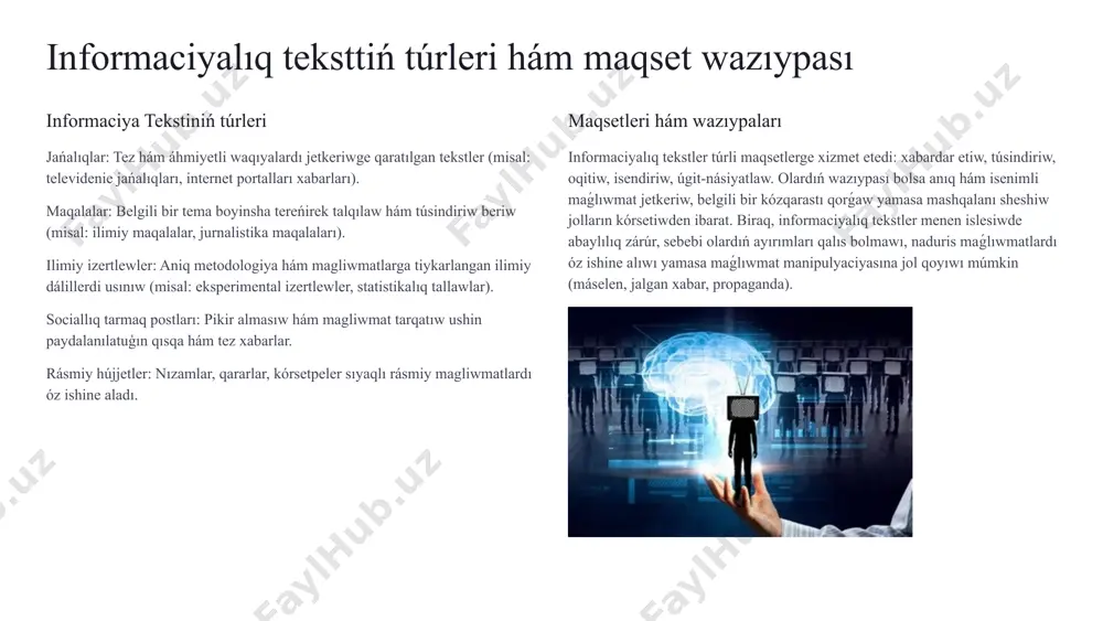 lar. rásmiy hújjetler: nızamlar, qararlar, kórsetpeler sıyaqlı rásmiy magliwmatlardı óz ishine aladı. maqsetleri hám wazıypaları informaciyalıq tekstler túrli maqsetlerge xizmet etedi: xabardar etiw, túsindiriw, oqitiw, isendiriw, úgit-násiyatlaw. olardıń wazıypası bolsa anıq hám isenimli maǵlıwmat jetkeriw, belgili bir kózqarastı qorǵaw yamasa mashqalanı sheshiw jolların kórsetiwden ibarat. biraq, informaciyalıq tekstler menen islesiwde abaylılıq zárúr, sebebi olardıń ayırımları qalıs bolmawı, naduris maǵlıwmatlardı óz ishine alıwı yamasa maǵlıwmat manipulyaciyasına jol qoyıwı múmkin (máselen, jalgan xabar, propaganda). 2 media mádeniyatı túrleri: maqset hám wazıypalar jurnalistika jurnalistika, ǵalaba xabar quralları arqalı jámiechilikti áhmietli waqıyalar, tallawlar hám pikirler menen xabardar etiwge qaratılǵan. bul jańalıqlar, maqalalar, intervyular hám basqa da kóplegen formatlarda kórinedi. máselen, televidenie jańalıqları jedel hám áhmietli waqıyalardı jetkeriwge, ilimiy jurnallardaǵı maqalalar bolsa belgili bir tema boyınsha tereńirek tallaw hám túsindiriwge xızmet etedi. jurnalistika obektivlik hám haqıyqatqa sadıqlıqqa tiykarlanıwı kerek, biraq hár qashan da bul idealǵa erisip bolmaydı. reklama reklama, ónimler, xızmetler hám brendlerdi úgit-násiyatlaw hám …