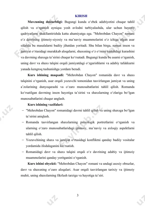 a esa romanning davr va shaxs talqini, shaxslarning o‘zgarishi va jamiyat bilan bog‘lanishidagi o‘zgarishlar tahlil etiladi. i bob. “mehrobdan chayon” romanining o’ziga xos badiy tarixi. 1.1. roman va uning muallifi haqida umumiy ma’lumot roman — bu hayotni badiiy idrok etishning o‘ziga xos shakli bo‘lib, inson taqdiri, jamiyatdagi murakkabliklar, ijtimoiy o‘zgarishlar, axloqiy va ruhiy kechinmalarni keng doirada yoritishga xizmat qiladi. bu janr o‘zida voqeaviylikni, obrazlarning ichki dunyosini, shaxsiy va ijtimoiy muammolarni o‘zaro uyg‘unlikda namoyon etadi. har bir roman – bu muallifning yuragidan to‘kilgan hayot kitobi, unda inson qismati, zamon nafasi, jamiyat hayoti badiiy vositalar orqali ifodalanadi. u o‘quvchini o‘ziga rom etadi, uni voqealar markaziga olib kiradi, qahramonlar bilan birga kuldiradi, yig‘latadi, o‘ylantiradi. roman muallifi — bu ijod ahli, tasavvur olami keng, so‘z sehrini yaxshi biladigan, hayotni chuqur anglab, uni obrazlar orqali ifodalay oladigan ijodkordir. muallif roman orqali o‘z dunyoqarashini, ichki kechinmalarini, qarashlarini o‘quvchiga yetkazadi. u inson ruhiyati, jamiyatdagi ziddiyatlar, axloqiy mezonlar …