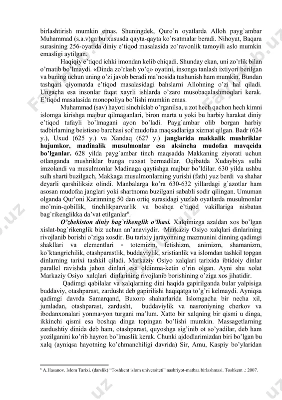 aksiyadorlik kompaniyasi”. toshkent.: 2006. b. -103.] islom ta`limotiga ko`ra xatto odamlarning tili va rangidagi farqlar ham allohning oyatlaridan (mo’’jizalaridan) biridir. “va uning oyat-belgilaridan osmonlaru yerning yaratilishi va tillaringiz va ranglaringizning turlicha bo`lishidir. albatta, bunda olimlar uchu oyat-belgilar bordir”. (rum surasi 22-oyat)[footnoteref:4]. [4: shayx muhammad sodiq muhammad yusuf. “qur`oni karim ma`nolar tarjimasi. tafsiri hilol 7-juz”. “sharq” nashriyot-matbaa aksiyadorlik kompaniyasi. toshkent. : 2008. b. -406.] milliy va diniy rangbaranglik hamda e’tiqod erkinligini qaror toptirish masalalarida qur’on to’lig`icha bag`rikenglik ruhi bilan sug`orilgan. dunyodagi turli-tumanlik yaratganning irodasi va hikmati bilan bog`liq. alloh dastlab odamzotni bir ummat qilib yaratgandi, so’ngra ularni turli qabila, xalq va dinlarga ajratishni iroda qildi. “ey odamlar! biz sizlarni bir erkak va ayoldan yaratdik va sizlarni o`zaro tanishishingiz uchun xalqlar va qabilalar qilib qo`ydik. albatta, alloh oldida eng xurmatligingiz eng taqvodoringizdir. albatta, alloh biluvchi va xabardor zotdir”. (hujurot surasi 13- oyat)[footnoteref:5]. [5: shayx muhammad sodiq muhammad yusuf. “qur`oni karim ma`nolar tarjimasi. …