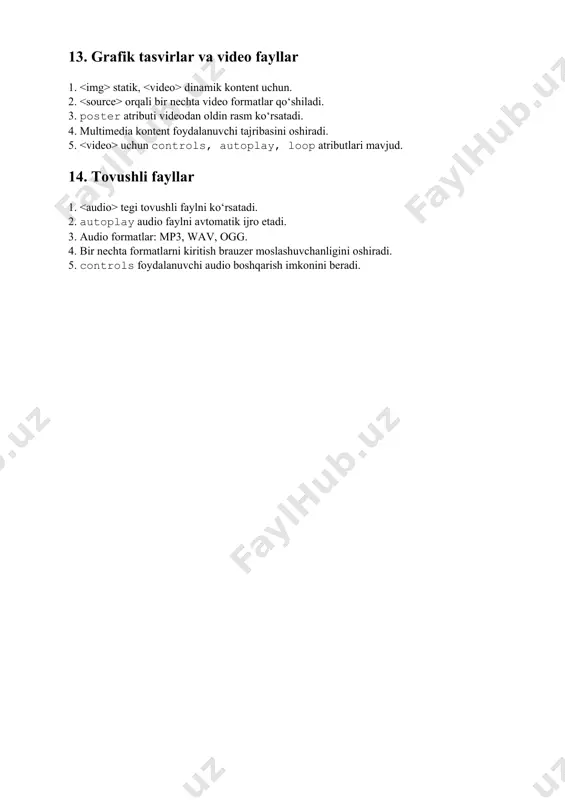 loop atributlari mavjud. 14. tovushli fayllar 1. tegi tovushli faylni ko‘rsatadi. 2. autoplay audio faylni avtomatik ijro etadi. 3. audio formatlar: mp3, wav, ogg. 4. bir nechta formatlarni kiritish brauzer moslashuvchanligini oshiradi. 5. controls foydalanuvchi audio boshqarish imkonini beradi.
