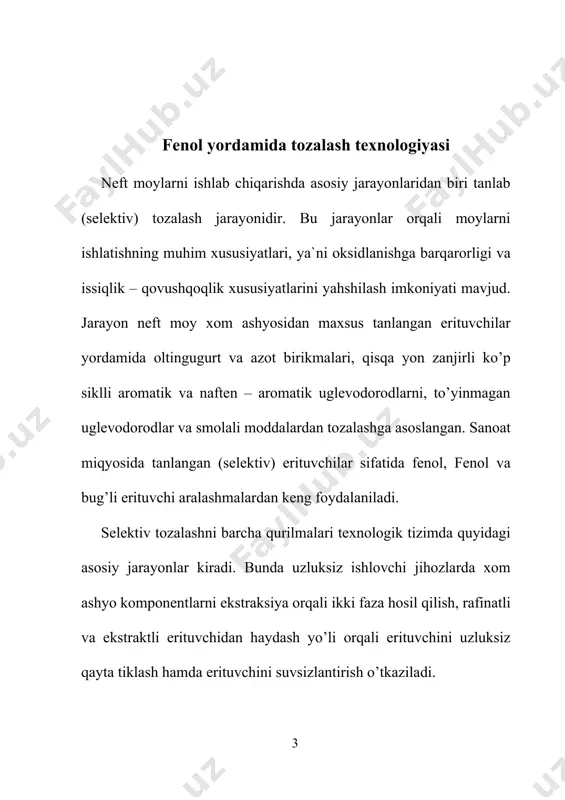 polisiklik aromatik uglevodorodlarini yaxshi eritadi, lekin shu bilan birga moyni uglevodorodlarini qam qisman eritshi mumkin. distilyat moy fraksiyalari, odatda, deasfal'tizatsiya qilinmaydi. distillyat va qoldiq moylarni umumiy texnologik sxemasi shu bilan farq qiladi. moy (fraksiyalari tozalanganidan so`ng moylarning rangi o`zgaradi, ular ancha rangsizlanadi. smola va polisiklik aromatik uglevodorodlardan tozalash natijasida moylarni kokslanishi va yopishqoqlik indeksi ortadi. smola va to`yinmagan uglevodorodlardan tozalash moyni termik barqarorligini (stabilligini) oshiradi. kislota xususiyatiga ega bo`lgan uglevodorodlardan tozalash esa korroziya aktivligini pasaytiradi va qattiq uglevodorodlardan tozalash qotish haroratinini pasaytiradi. moylarni tovar qolatiga keltirib tayyorlash kompaundlash qurilmasida olib boriladi. yengil, o`rta va og’ir distillyat qamda qoldiq komponent bo`lsa moylarni xoxlagan navini (sortini) tayyorlash mumkin. moylarni tozalash jarayonida tanlovchi (selektiv) erituvchilardan foydalaniladi. tanlovchi yoki selektiv erituvchilar suyuq modda bo`lib ma`lum haroratda aralashmadan faqat ma`lum komponentlarni (boshqalarini eritmasdan va ularda o`zi erimasdan) ajratib beradi. ba`zan erituvchilar uglevodorodlarni yaxshi eritadilar va keraksiz komponent cho`kmaga tushadi, yengili ajratib olinadi. deasfal'tizatsiya va deparafinizatsiya …