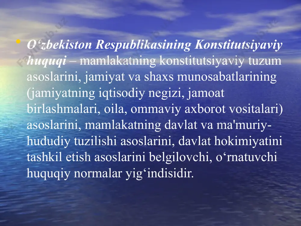 sh, ta’minlash va himoya qilish bilan bog’liq ijtimoiy munosabatlar ikkinchi guruh – insonlarning huquq va erkinliklarini tartibga solish, himoya qilish, qo’riqlash va kafolatlash bilan bog’liq ijtimoiy munosabatlaruchinchi guruh – shaxs-jamiyat-davlat o’rtasidagi eng muhim munosabatlarni tartibga soladi uchinchi guruh – shaxs-jamiyat-davlat o’rtasidagi eng muhim munosabatlarni tartibga soladi inson va davlat munosabati konstitutsiyaviy huquq tartibga soladigan asosiy munosabatlardir. lekin shuni ham bilish kerakki, inson va davlat munosabatlari juda keng va ko‘p qirrali, shuning uchun bu munosabat faqat konstitutsiyaviy huquq bilangina tartibga solinmay, boshqa huquq tarmoqlari bilan ham tartibga solinadi (mehnat huquqi, fuqarolik huquqi, ma'muriy huquq, moliya huquqi va boshqalar). lekin konstitutsiyaviy huquq asos, baza bo‘lish xarakteriga ega huquqiy normalardan iborat bo‘lib, ular shaxsning huquqiy holatini belgilaydi. konstitutsiyaviy huquq mamlakat huquq sohasining yetakchi huquq sohasi hisoblanadi. chunki, birinchidan, konstitutsiyaviy huquqning konstitutsiyada mustahkamlangan huquq va normalar, konstitutsiyaviy qonunlarda jamlangan qoidalar asosida o’ta muhim ijtimoiy munosabatlarni tartibga soluvchi huquq sohasidir. ikkinchidan, konstitutsiya mamlakatimizda amal qiluvchi …