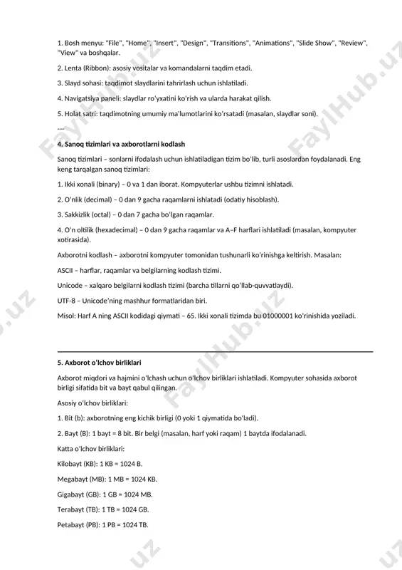 ma yordamida: win + r ni bosib, "powerpnt" yozish. powerpoint interfeysi qismlari: 1. bosh menyu: "file", "home", "insert", "design", "transitions", "animations", "slide show", "review", "view" va boshqalar. 2. lenta (ribbon): asosiy vositalar va komandalarni taqdim etadi. 3. slayd sohasi: taqdimot slaydlarini tahrirlash uchun ishlatiladi. 4. navigatsiya paneli: slaydlar ro‘yxatini ko‘rish va ularda harakat qilish. 5. holat satri: taqdimotning umumiy ma'lumotlarini ko‘rsatadi (masalan, slaydlar soni). --- 4. sanoq tizimlari va axborotlarni kodlash sanoq tizimlari – sonlarni ifodalash uchun ishlatiladigan tizim bo‘lib, turli asoslardan foydalanadi. eng keng tarqalgan sanoq tizimlari: 1. ikki xonali (binary) – 0 va 1 dan iborat. kompyuterlar ushbu tizimni ishlatadi. 2. o‘nlik (decimal) – 0 dan 9 gacha raqamlarni ishlatadi (odatiy hisoblash). 3. sakkizlik (octal) – 0 dan 7 gacha bo‘lgan raqamlar. 4. o‘n oltilik (hexadecimal) – 0 dan 9 gacha raqamlar va a–f harflari ishlatiladi (masalan, kompyuter xotirasida). axborotni kodlash – axborotni kompyuter tomonidan tushunarli ko‘rinishga keltirish. …
