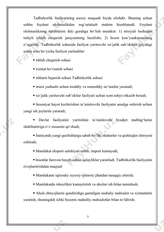 da ishsizlikni kamaytirish va aholini ish bilan taminlash; aholi ehtiyojlarini qondirishga qaratilgan mahaliy mahsulot va xizmatlarni yaratish, shuningdek ichki bozorni mahalliy mahsulotlar bilan to‘ldirish; eksport salohiyatini oshirish orqali mamlakat valyuta zahiralarini kengaytirish; importni kamaytirish; davlat byudjeti mablag‘larini oshirish. tadbirkorlik sohasi rivojlanish bilan birga ular faoliyatida risklar ko‘lami va turlari ortib bormoqda. ammo ushbu risklarni sug‘urtaviy himoyalash holatini etarli darajada deb bo‘lmaydi. bu birinchi o‘rinda tadbirkorlarning sug‘urta xizmatlari to‘g‘risidagi tushunchalari etarli emasligi bilan izohlansa, ikkinchi tomondan sug‘urta kompaniyalari bozor mexanizmlaridan etarlicha foydalanmayotganliklari, sug‘urta xizmatlarini etarlicha reklama qilinmayotganligi va qolaversa tadbirkorlik faoliyatidagi risklar bilan bog‘liq sug‘urta xizmatlari zamonaviy turlarining kamligidir. “sug‘urta xizmatlari bozorini bundan-buyongi isloh qilish va rivojlantirish choratadbirlari to‘g‘risida” 2007 yil 10 apreldagi prezident qaroriga ilova sifatida tasdiqlangan o‘zbekiston respublikasi sug‘urta bozorini 2007-2010 yillarda isloh qilish va rivojlantirish dasturida tadbirkorlik sohasi bilan bog‘liq sug‘urta turlari sifatida ko‘zlangan foydani ololmaslik sug‘urtasi, loyihalashtirishdagi xatoliklarni sug‘urtalash, bankrotlikdan sug‘urtalash, eksport bilan bog‘liq sug‘urta turlari, ko‘zda …