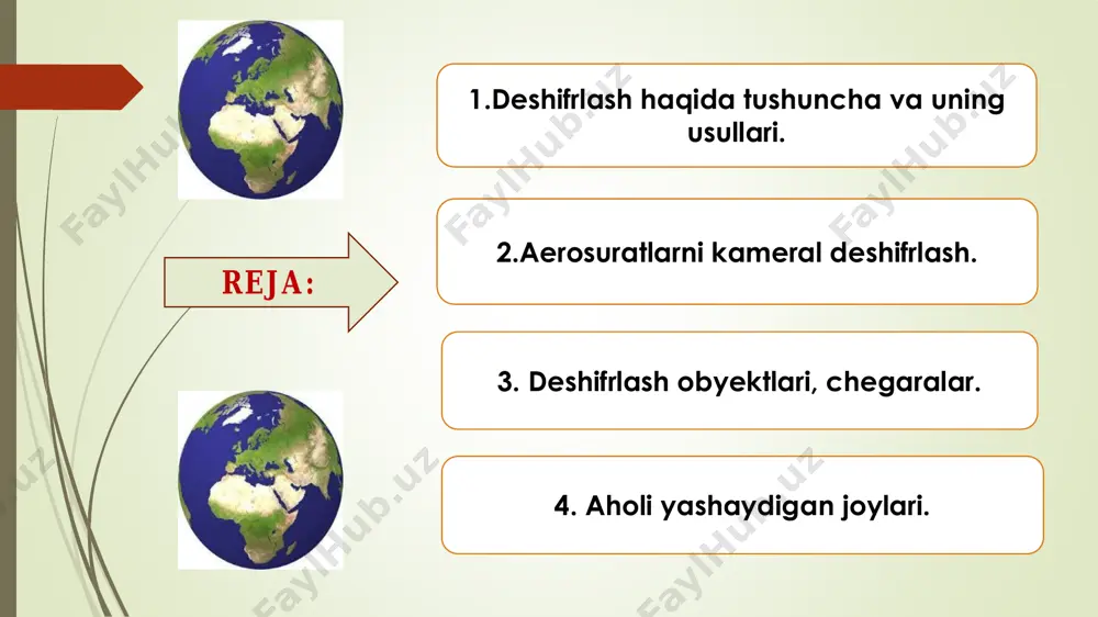 'liq ma'lumotga ega bo'lish demaqdir. yer tuzuvchi mutaxassis deshifrlash bo'yicha to'liq nazariy va amaliy bilimga ega bo'lishi kerak. qoraqalpog'iston va viloyatlar, mamuriy tumanlar, shahar, yer uchastkalari chegaralar joylarda tanilib tegishli shartli belgilar bilan fotoplanga chizib olinadi. chegarada belgilari o'rnatilmagan yoki o'rnatilgan belgi joylari buzilib ketgan mamuriy chegaralar, mavjud yuridik hujjatlar bo'yicha fotoplanga tushirib olinadi. yuridik hujjatlar bo'lmagan taqdirda, bu chegaralar yer uchastkalarini mavjud plandagi chegaralaridan ko'chirib chiziladi. yerga egalik qiluvchi va yerdan foydalanuvchilar chegaralarini to'g'ri aniqlash deshifrovkalashning eng asosiy elementlaridan biridir. dala ishi boshlanguncha ishlash obyekti hududidagi barcha yer uchastkalarini chegaralari fotoplanga aniqlash chizib olinadi. shu bilan birga, tegishli yer tuzish hujjatlari bilan faqat yuridik tomondan tasdiqlangan, texnik to'g'ri materiallardan olingan chegaralar fotoplanga tushirib olinadi. 3. deshifrlash obyektlari, chegaralar. dala ishi bilan deshifrovkalash davrida, chegara belgilari va chegaraning chiziqli shakllari oldindan plan bilan solishtirilib tekshiriladi. agarda xo'jalik chegarasi chiziqli topografik elementlar yo'l, zovur, ariq, daryolar ayni tabiiy holi bo'yicha fotoplanga …