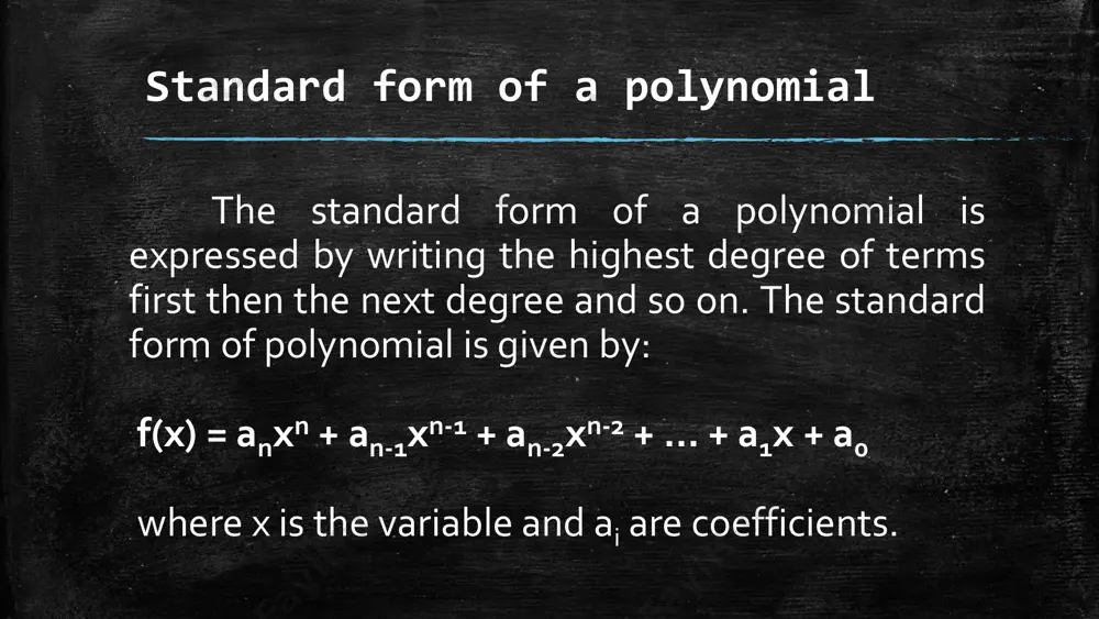 est exponent of the variable is 2. examples: ▪ - x2 + 7x + 12 ▪ 2m2 − 5m + 32 ▪ 8y2 − 2 cubic polynomial ▪ a cubic polynomial is a polynomial of degree 3, i.e, the highest exponent of the variable is 3. examples: ▪ - 4y3 − 8 ▪ x3 + 5x2 − 6x − 4 ▪ 5z3 − 3/4 how to solve polynomials in one variable? ▪ solving polynomials refers to finding their roots. a root or zero of a polynomial is the value for which the given polynomial is equal to zero. the first step in solving any polynomial is to find its degree. as discussed above the degree of a polynomial with one variable is the largest exponent of that variable. thus: ▪ linear polynomials can have multiple variables but these polynomials have only one solution. ▪ quadratic polynomials in one variable have …