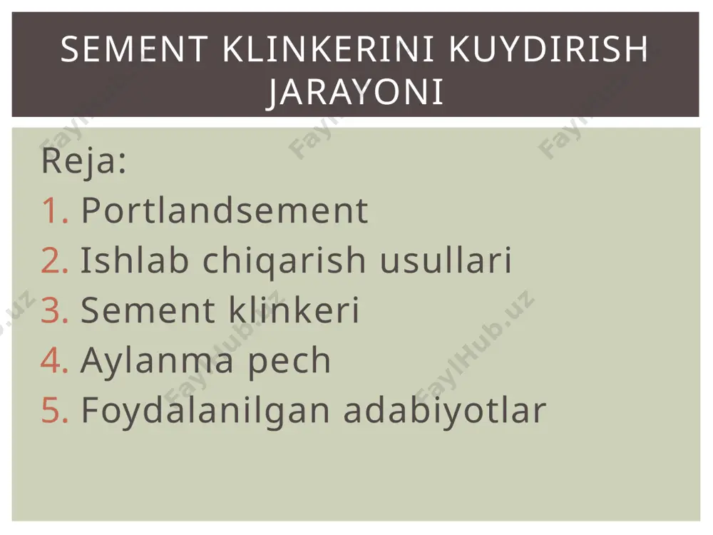bilan quriydi. maxsulot harorati 100-200. shu zona harorati 300-600. 2-bosqich. isitish bosqichi. maxsulot harorati 200-650 bo`lishi mumkin. bu 2 zona pechning 50-55 % ini egallaydi 3-bosqich. dekarbonizatsiya bosqichi. material xarorati 650-1100 bo`ladi. caco3 parchalanadi va qattiq xolatda minerallar bilan birikib c2s, ca, c2f hosil qiladi. 4-bosqich. ekzotermik reaksiya. reaksiya tezlashishi hisobiga harorat keskin oshadi. material harorai 1300 gacha ko`tariladi. bu paytda c2s, c3a tez xosil bo`lishi va maxsulot erishi boshlanadi aylama pechdagi jarayon 5-bosqich. kuydirish. material harorati 1450 gacha chiqadi. sementning asosiy minerali alit c3s erigan holatda hosil bo`ladi. 6-bosqich. sovutish. xarorat 1000gacha tushiriladi. bu jarayon keskin amalaga oshirilishi kerak. sekin sovutilsa alit parchalanib ketadi va erkin cao miqdori oshadi. bu sement uchun xavfli aylanma pechdagi jarayon image2.jpeg image3.jpeg image4.jpeg image5.png image6.jpeg image7.jpeg /docprops/thumbnail.jpeg