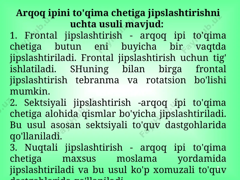 qa to'qimalar ishlab chiqarishga nisbatan farq qiladi. halqali to'qima o'rilishiga qarab batan mexanizmini harakati rostlanadi. dastgohga yuqori dinamik holatda ishlovchi batan mexanizmini g'ildiraklar qutisi o'rnatilgan va mexanizm to'liq dastur yordamida boshqarilib, turli xil standart halqali to'qimalar ishlab chiqarish imkoniyatiga ega. таълим ма+садлари *