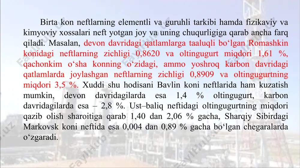 od sulfid hosil bo‘ladi: halqali va aromatik sulfidlar termik jihatdan barqaror–roqdir. 400–450 0c gacha qizdirilganda ular parchalanadi. bunday sulfidlar alyumosilikatlar– katalitik kreking katalizatorlari ishtirokida qizdirilsa, ular parchalanib vodorod sulfid, merkaptanlar va tegishli uglevodorodlarni hosil qiladi merkaptanlar va sulfidlar oddiy sharoitda oksidlanadi. oksidlanishda sharoitida merkaptanlarda disulfidlar hosil bo‘ladi: kuchli oksidlovchi (hno3) bilan oksidlash sulfokislotalarning hosil bo‘lishiga olib keladi: sulfidlar kuchli oksidlovchilar bilan oksidlansa birin–ketin sulfoksidlar va sulfonlar hosil bo‘ladi: sulfidlar (tioefirlar) dialkilsulfidlar sikliksulfidlar (tiaalkanlar (tiasiklanlar r1 - s - r2 : n3s – s – c3n7, metilpropilsulfid. 60—70 % tiatsiklopentanlar alkiltiofan 30—40 % tiatsiklogeksanlar dialkiltiatsiklogeksan bisiklik trisikloalkanlar. neftning o’rta sikloalkanlar. aromatik sikloalkanalr xalqali va bi va polisiklik birikmalarning miqdori 10% atrofida bo’ladi. 35 : 50 : 15 disulfidlarr r1 - s – s - r2 disulfidlar merkaptansiz neftning yengil va o’rta fraksiyalarida bo’lib, umumiy oltingugurt birikmalarining 7-15%ni tashkil etadi. tiofen va uning xosilalari: ariltiofenlar benzotiofenlar, dibenzotiofenlar, naftotiofenlar: - alikltiofenlar tiofen va …