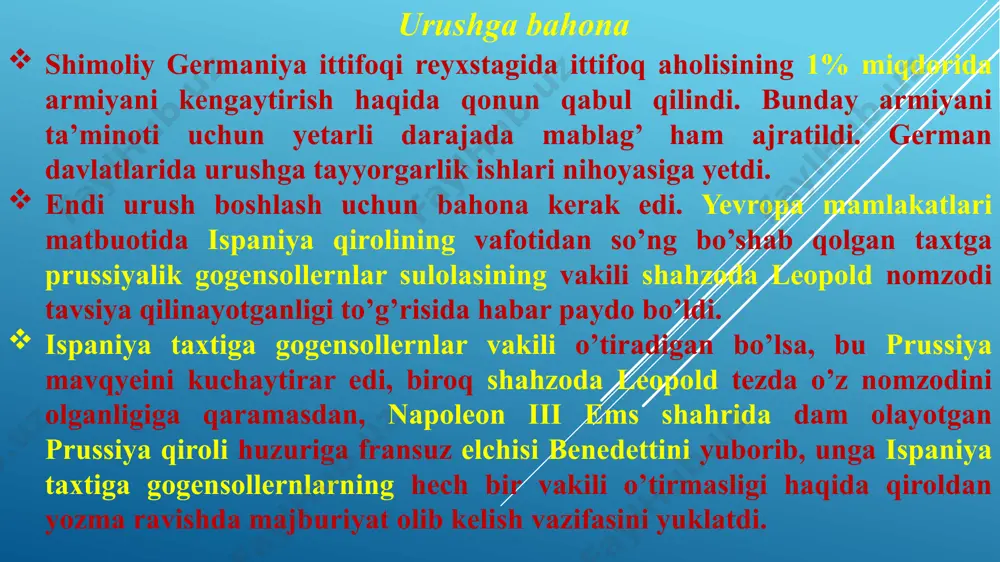 egaralariga keltirildi. fransiya qo’shinlari shimoli-sharqiy chegaralarda saarbryukindan belfargacha bo’lgan masofada joylashtirildi. qo’shinga napoleon iii ning shaxsan o’zi qo’mondonlik qildi. fransuzlar hujum qilmasdan faqat mudofaa bilan cheklanishga majbur bo’ldilar. veysenburg ostonasida, strassburg shimolida va nihoyat belgiya chegarasidagi sedanda bo’lgan hal qiluvchi jangda fransiya qo’shinlari ketma-ket ravishda mag’lubiyatga uchradilar. 1870 yil 1-sentyabrda sedandagi mag’lubiyatdan so’ng napoleon iii bo’yrug’i bilan fransiyaning taslim bo’lganligi ma’lum qilindi. bu bilan fransiya imperatori mamlakatda o’z hukumronligini saqlab qolishga harkat qildi. fransiyada 1870 yil 4-sentyabr inqilobi fransuz qo’shinlarining mag’lubiyatga uchraganligi haqida xabar parij aholisining ommaviy narozilik harakatlariga sabab bo’ldi. xalq orasida imperator va hukumatning nufuzi tushib ketdi. qonun chiqaruvchi korpus binosida respublikachilar va monarxiyachi-orleanchilar yig’ildilar. ularning bir qismi respublika tuzimi va islohotlar uchun harakat qilayotganligiga qaramasdan, ular xalq inqilobidan cho’chimoqda edi. ularning boshqa bir qismi esa respublika tarafdori, uchinchi bir qismi esa graf parijskiy boshchiligida orleanchilar hukumronligini tiklashga, to’rtinchi birlari esa legitimistlar vakili bo’lgan gersog shambora boshchiligida monarxiyani …