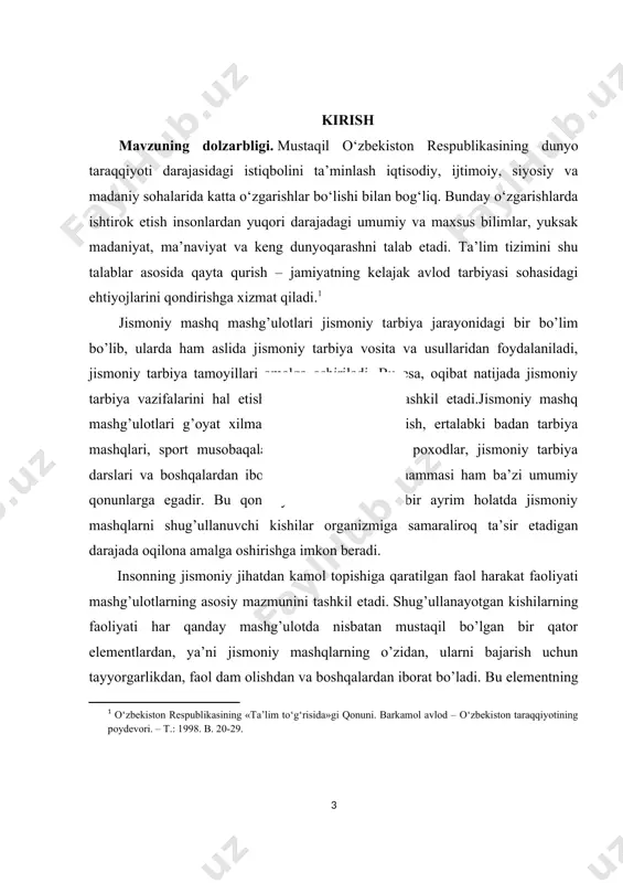 vchi kishilar organizmiga samaraliroq ta’sir etadigan darajada oqilona amalga oshirishga imkon beradi. insonning jismoniy jihatdan kamol topishiga qaratilgan faol harakat faoliyati mashg’ulotlarning asosiy mazmunini tashkil etadi. shug’ullanayotgan kishilarning faoliyati har qanday mashg’ulotda nisbatan mustaqil bo’lgan bir qator elementlardan, ya’ni jismoniy mashqlarning o’zidan, ularni bajarish uchun tayyorgarlikdan, faol dam olishdan va boshqalardan iborat bo’ladi. bu elementning o’zaro qanday aloqadorligi, ya’ni mashg’ulot mazmuni elementlarning tuzilmasi jismoniy mashq mashg’ulotlari shaklsini tashkil etadi. bunga mashqlarni bajarish tartibi, shug’ullanuvchi kishilarning o’zaro munosabatlari, tavsifi, ularni uyushtirish va boshqalar kiradi. har bir ayrim holatda shakl mashg’ulot mazmuniga mos kelishi kerak. bu esa mashg’ulotning yaxshi o’tishi uchun zarur asosiy pedagogik qoidalaridan biridir. masalan, mashg’ulotning mazmuni jismoniy sifatlarni rivojlantirishga qaratilgan bo’lsa, u holda mashqlar ish bilan dam olish qat’iy bir izchillik bilan almashib turadigan muayyan tartibda bajarilishi kerak. xuddi shuningdek, mashg’ulotning qanday natija berishi o’quvchilarni uyushtirish, mashg’ulot qay paytda o’tkazilishi, mashq o’tkaziladigan joydan to’g’ri foydalanish kabi holatlarga ham bog’liq. …
