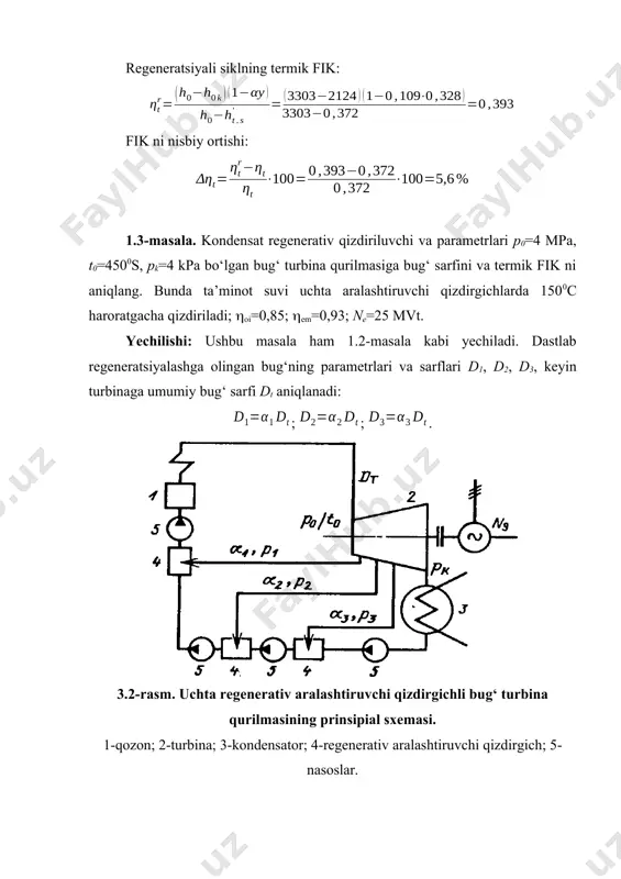 tishini aniqlang. bug‘ning boshlang‘ich parametrlari t0=5000c, p0=9 mpa, oxirgi bosimi pk=5 kpa, oi=0,86; em=0,97; tt.s=2000c; barcha qizdirgichlar aralashtiruvchi turidagi; regenerativ qizdirish pog‘onalar bо‘yicha bir xil. javob: dt=197 t/s, . 1.7-masala. oldingi masalani aralashtiruvchi qizdirigichlar yuzaviy qizdigichlar bilan aralashtirilganda yeching. tо‘yinish haroratigacha qizdirilmaslik 50c. qizdiruvchi bug‘ kondensatini tо‘kib olish – kondensatorgacha alohida qilingan. javob: dt=195 t/s, . foydalanilgan adabiyotlar 1. короли м.а., сотникова и.в. “инновационные педагогические технологии в техническом образование”. учебное пособие. тошкент: тдту,2018 2. zhongyang luo michalis agraniotis, low – rank coals for power generation,fuel and chemical products (ccps) 2017. 3. tom robi anne oberlink rod jones, coal combustion products (ccps) 2015. 4. rafael kandiyoti alan herod keith bartle trevor morgan. solidherod fuels and heavu hydrocarbon liquids thermal characterization and analusis, 2016. 5. alimbayev asoslari. a.u, shaislamov a.sh, tashbayev n.t. yoqilgi va yonish asoslari. o‘kuv qo‘llanmasi – t.toshdtu. 2002 6. alimov x.a, mingazov r.f, axmedov k.x. issiqlik elektr stantsiyalarining qozon …