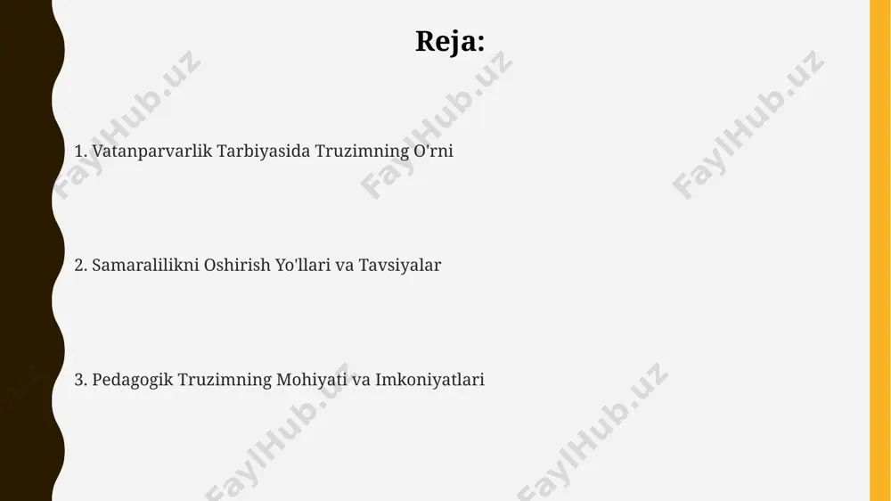 lim muassasalarida turizmni amalga oshirishda kamida 3 ta asosiy yo'nalish – madaniy-tarixiy, ekologik va sport turizmini rivojlantirish orqali yurtdoshlarimizning milliy g'ururini oshirishga qaratilgan dasturlarni ishlab chiqish zarur. pedagogik truzimning mohiyati ushbu yondashuv, o'quvchilarning 5-7 ta milliy qadriyatlar bilan tanishishini ta'minlaydi va ularning ijtimoiy-madaniy kompetensiyasini rivojlantiradi. pedagogik turizm o'quv jarayoniga 3 dan ortiq tarixiy yoki madaniy ahamiyatga ega joylarga tashrif buyurish orqali vatan tuyg'usini shakllantirishga qaratilgan noyob usul hisoblanadi. samarali pedagogik turizm dasturi 20% nazariy bilimlar va 80% amaliy mashg'ulotlar, shu jumladan ekskursiyalar va interaktiv o'yinlarni o'z ichiga olishi kerak. milliy qadriyatlarni o'rgatishda truzimning o'rni truzim, milliy qadriyatlarni singdirishda 30% ga yaqin samaradorlikni oshirishi mumkin, bu o'quv jarayonida interfaol usullarni qo'llash bilan bog'liq. o'quvchilarning 70% truzim vositalari yordamida milliy madaniyat va tarixga bo'lgan qiziqishini oshirganligi kuzatilgan. milliy qadriyatlarni o'rgatishda 5 dan ortiq turdagi truzim texnikalarini qo'llash, o'quvchilarning vatanparvarlik tuyg'ularini 2 baravar kuchaytirishi mumkin. tarixiy xotirani saqlashda truzim миллий меросни сақлаш ва …