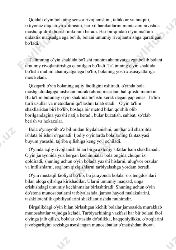 larini muntazam ravishda mashq qildirib borish imkonini beradi. har bir qoidali o'yin ma'ium didaktik maqsadga ega bo'lib, bolani umumiy rivojlantirishga qaratilgan bo'iadi. ta'limning o’yin shaklida bo'lishi muhim ahamiyatga ega bo'lib bolani umumiy rivojlantirishga qaratilgan bo'iadi. ta'limning o'yin shaklida bo'lishi muhim ahamiyatga ega bo'lib, bolaning yosh xususiyatlariga mos keladi. qiziqarli o'yin bolaning aqliy faolligini oshiradi, o'yinda bola mashg'ulotdagiga nisbatan murakkabroq masalani hal qilishi mumkin. bu ta'lim butunlay o'yin shaklida bo'lishi kerak degan gap emas. ta'lim turli usullar va metodlarni qo'llashni talab etadi. o'yin ta'lim shakllaridan biri bo'lib, boshqa bir metod bilan qo'shib olib borilgandagina yaxshi natija beradi, bular kuzatish, suhbat, so'zlab berish va hokazolar. bola o'ynayotib o'z bilimidan foydalanishni, uni har xil sharoitda ishlata bilishni o'rganadi. ijodiy o'yinlarda bolalarning fantaziyasi buyum yasashi, tajriba qilishiga keng yo'l ochiladi. o'yinda aqliy rivojlanish bilan birga axloqiy sifatlar ham shakllanadi. o'yin jarayonida yuz bergan kechinmalar bola ongida chuqur iz qoldiradi, shuning uchun o'yin bolada yaxshi …