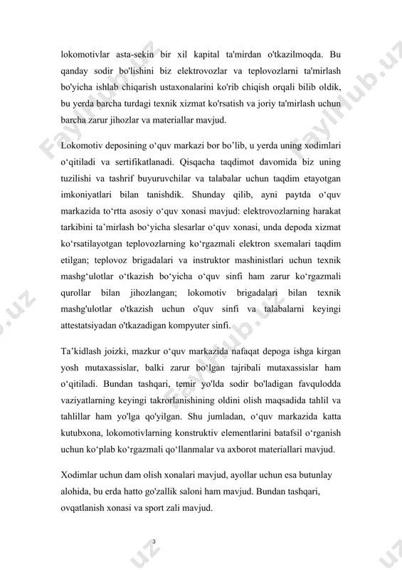konstruktiv elementlarini batafsil o‘rganish uchun ko‘plab ko‘rgazmali qo‘llanmalar va axborot materiallari mavjud. xodimlar uchun dam olish xonalari mavjud, ayollar uchun esa butunlay alohida, bu erda hatto go'zallik saloni ham mavjud. bundan tashqari, ovqatlanish xonasi va sport zali mavjud. 2. biriktrilgan sex haqida malumot. tr-3 (текущий ремонт) ning joriy ta'mirlanishi elektrovozlarning ishlashga yaroqliligini ta'minlash, asosiy ekspluatatsiya xususiyatlarini tiklash va kapital ta'mirlash davrida ularning barqarorligini ta'minlash, bajarilgan qayta ko'rib chiqish, qismlarni, yig'ish va yig'ish guruhlarini ta'mirlash, sozlash va sinovdan o'tkazish, shuningdek qisman modernizatsiya ishlari olib boriladi. masalan, 200 ga yaqin kishi ishlaydigan tr-3 elektrovozlarini ta'mirlash ustaxonasida ikkita zovur (kanava) mavjud bo'lib, ulardan biri gidravlik domkrat va ko'tarilgan yo'l o'tkazgich bilan jihozlangan, bu ustaxona yuk ko'tarish quvvati 15 tonna bo'lgan ko'prikli kranga ega. bu yerda biz kapital ta'mirdan o'tayotgan vl80s va yangi bo'yalgan o’z-y rusumli elektrovozlarni ko’zdan kechirdik. tr-3 ning joriy ta'mirlanishi lokomotiv depolari sharoitida bajariladigan barcha turdagi joriy ta'mirlardan elektrovozlarni yaxshilashning eng …