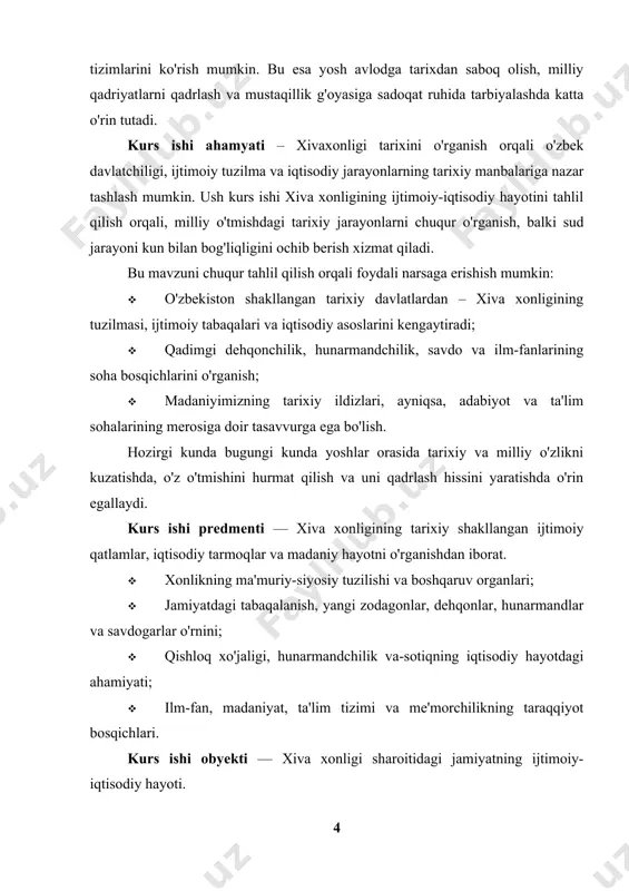 dehqonchilik, hunarmandchilik, savdo va ular jamiyat taraqqiyotiga ko'rsatgan ta'siri; · xivaxonligi munosabati bilan ilm-fan, madaniyat va ta'limning xususiyatlari. kurs ishi maqsadi – xiva xonligi shakllangan ijtimoiy-iqtisodiy hayotni tarixiy manbalar asosida tahlil qilish, xonlikdagi siyosiy tuzilma, jamiyatdagi tabaqalanish, iqtisodiyotning asosiy sohalari, iqtisodiy madaniy hayot, ilm-fan va taʼlim sohalarining rivojlanishiga aniq tasavvur hosil qilishdan iborat. kurs ishining vazifalari: ushbu tadqiqot ishining asosiy vazifalari quyidagilardan iborat: tarixiy tahlil vazifasi xiva xonligining ijtimoiy-iqtisodiy tuzilishining asosiy qonuniyatlarini aniqlash xonlikda mavjud bo'lgan ishlab chiqarish munosabatlari va ularning o'ziga xos xususiyatlarini o'rganish ijtimoiy tabaqalanishning mahalliy xususiyatlarini ochib berish iqtisodiy tizimni o'rganish vazifasi qishloq xo'jaligining asosiy tarmoqlari va ularning rivojlanish darajasini tahlil qilish hunarmandchilik ishlab chiqarishining tashkiliy shakllarini o'rganish i bob xiva xonligining siyosiy tuzilishi va ijtimoiy tabakalanishi 1.1. xonlikning maʼmuriy va hokimiyat organlari xivaxonligi oʻzining siyosiy va maʼmuriy tuzilishi bilan alohida ajratiladi. xiva xonligi nazorat boshqaruv tizimi birinchi navbatdagi xonning yuqori hokimiyatga ega bo'lishi asosida tashkil topgan. …