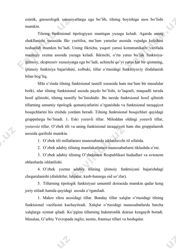 uning shunday jonli shaklda bo’lishi boshqa tillarga xos emas, shu mamlakat xalqlari tiliga xosdir. hududiy tilda, umumxalq tili doirasida so’zlar adabiy til uchun taalluqli bo’lsa-da, etnik guruhlar tili bundan mustasno. 3. o’zbek tili-bu til bir mamlakatda yashovchi bir necha millat uchun xizmat qiladi, unda shahardagi oddiy so’zlashuv tili, hududiy dialektlar, o’zbek tilining asosiy xususiyatlariga uning og’zaki va yozma shakliga ta‘sir etib boradi. 4. professional til-bu til sotsial dialektlar, professional til (leksik xususiyatlari), uning asosiy maqsadi etnik guruh tillari doirasidagi nutqqa asoslanishdir. masalan, o’zbekistonda etikdo’z, chilangar, misgar, kulolchilik bilan qadimdan shug’ullanib kelganlar nutqi bunga yaqqol misoldir. 5. diniy tillar-bu til din va shariatga daxldor bo’lib, ularning nutq xususiyatlari asosida yuzaga keladi. o’zbek tilini tasnif etganda tilning funktsional xarakterini quyidagicha tasnif qilish mumkin: o’zbek tili xususiyati va dialektlari. hududiy til, professional til, argo, jargon va koyne. uning tipologik jihatlarini esa quyidagicha aniqlasa bo’ladi: avvalambor, o’zbek tili sayqallangan va tushunarli til, hozirgi paytda …