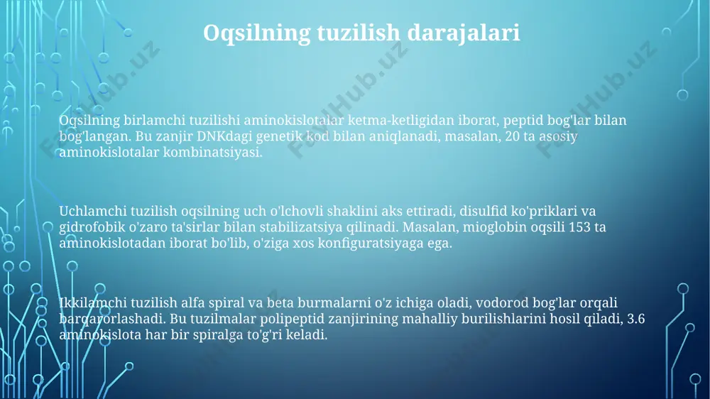 nadi. dnk replikatsiyasi hujayra boʻlinishi oldidan sodir boʻladi, har bir yangi hujayraga dnkning aniq nusxasini taqdim etadi. dnk polimeraza fermenti 5' dan 3' yo'nalishda yangi zanjir hosil qiladi. transkripsiya jarayonida rnk polimeraza dnk matritsasida rnk molekulasini sintez qiladi. u dnkning ma’lum bir qismidan, ya’ni genni ko‘chirib oladi, oqsil sintezi uchun asos yaratadi. oqsillar: aminokislotalar va peptid bog'lanish aminokislotalar molekulyar tarkibida aminoguruh (-nh2), karboksil guruhi (-cooh) va yon zanjir (r) mavjud. 20 xil standart aminokislotalar protein sintezida muhim ahamiyatga ega. oqsillar aminokislotalarning peptid bog'lari orqali bog'langan polipeptid zanjirlaridan iborat. oqsilning birinchi darajali strukturasi aminokislotalar ketma-ketligini aniqlaydi. peptid bog'lanish deganda, bitta aminokislotaning karboksil guruhi bilan boshqa aminokislotaning aminoguruhining dehidratatsiya reaksiyasi natijasida hosil bo'lgan -co-nh- bog' tushuniladi. uglevodlar: tuzilishi va klassifikatsiyasi uglevodlar - (ch2o)n umumiy formulaga ega bo'lgan organik birikmalar bo'lib, ularning tuzilishi monosaxaridlar, disaxaridlar va polisaxaridlarga asoslangan murakkab klassifikatsiyaga ega. monosaxaridlar, masalan, glyukoza va fruktoza, uglevodlarning eng oddiy shakllari bo'lib, 3 tadan …