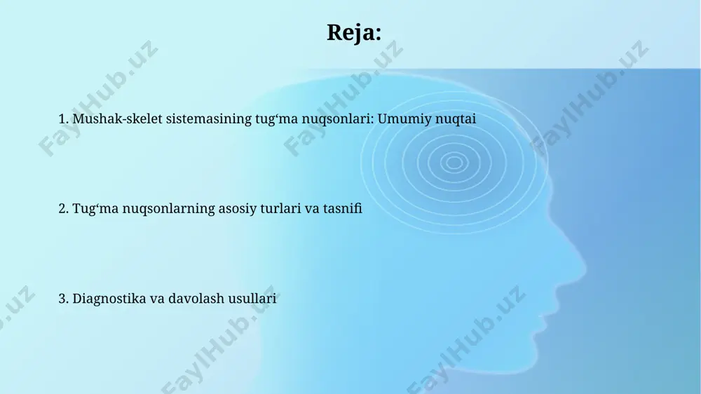 likda uchrashishi nisbatan kam uchraydi, ammo ikkala anomaliyani ham o'z ichiga olgan murakkab holatlar genetik va atrof-muhit omillarining o'zaro ta'siriga bog'liq bo'lishi mumkin. polindaktiliya qo'shimcha barmoqlarning rivojlanishi bilan tavsiflanadi, bu holat chaqaloqlarning taxminan 1/1000 tasida uchraydi va autosomal dominant yoki resessiv irsiy genetik mutatsiyalar bilan bog'liq bo'lishi mumkin. mushak distrofiyasi mushak distrofiyasining davolash usullari simptomlarni yengillashtirishga va kasallikning progressiyasini sekinlashtirishga qaratilgan bo'lib, fizik terapiya, dori-darmonlar va ba'zi hollarda jarrohlik aralashuvi kiradi, ammo hozircha to'liq davolash yo'q. mushak distrofiyasining 9 turi mavjud bo'lib, ularning har biri turli xil gen mutatsiyalari va kasallikning og'irlik darajasi bilan tavsiflanadi, masalan, duchenne mushak distrofiyasi eng og'ir shakli hisoblanadi. tugʻma displaziyalar qoʻl-oyoq suyaklarining tugʻma displaziyasi, masalan, radial va ulnar agenezisi, qoʻl va bilakning rivojlanishida anomaliyalarni keltirib chiqaradi va funktsional cheklovlarga olib kelishi mumkin, bu esa maxsus reabilitatsiya dasturlarini talab qiladi. oʻmurtqa tugʻma displaziyalari, skolioz va kifoz kabi, oʻmurtqa ustunining shakllanishidagi nuqsonlar natijasida yuzaga keladi va turli …