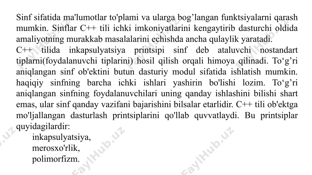 lar odatda o'zgaruvchi a'zolar ustida biror bir amal bajaradilar. ular funktsiya – a'zolar yoki sinf metodlari deb aytiladi. mashina sinfi metodlari qatoriga haydash() va tuxtatish() metodlari kiradi. mushuk sinfi xayvonni yoshi va og’irligini ifodalovchi o'zgaruvchi – a'zolarga ega bo'lishi mumkin. shuningdek, bu sinfning funktsional qismi uxlash(), miyovlash(), sichqontutish() metodlaridan iborat bo'ladi. funktsiya – a'zolar qam o'zgaruvchi a'zolar singari sinfda yotadi. ular o'zgaruvchi a'zolar ustida amallar bajaradi va sinfni funktsional imkoniyatlarini aniqlaydi. sinflar orasidagi munosabatlar. murakkab sinflarni hosil qilishda oldin uni tashkil etuvchi oddiyroq sinflarni e'lon qilib, keyin esa ularni birlashtirish orqali sinfni hosil qilish maqsadga muvofiqdir. masalan, g’ildirak sinfi, motor sinfi, uzatish korobkasi sinfi va boshqa sinflarni hosil qilib, keyin esa ularni birlashtirish orqali avtomobil sinfini qurish oldimizga turgan masalani echishni ancha osonlashtiradi. yana bir misolni ko'rib chiqamiz. to‘g’ri to'rtburchak chiziqlardan tashkil topgan. chiziq esa ikki nuqta orqali aniqlanadi. har bir nuqta x va y koordinatalar yordamida aniqlanadi. to‘g’ri to'rtburchak …