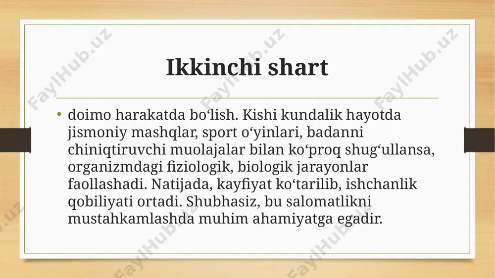 rib ketadigan joy harakatlarni boshlash yoki muzlatish qiyinligi “jimoniy rivojlanish”, “salomatlik” tushunchlarini tenglashtirishga urinishlar mavjud, chunki jismoniy rivojlanish darajasining pastligi va surunkali kasalliklar birligi, ayniqsa bolalarda tez-tez uchrab turadi. jismoniy bo’sh, nimjon bollalarning yuqumli kasalliklarga, jumladan sil kasalligiga moyilligi ilgaridan ma’lum. haddan ziyod to’lalik, semizliknig yurak qon-tomir tizimi kasalliklari, jumladan ishemiya bilan yonma-yon kelishi to’g’risidagi ma’lumotlar ham o’sha qonuniyatning yana bir tasdig’idir. “jismoniy rivojlanish” tushunchasining mazmunini organizmning mexanik-tuzilish xususiyatlari nuqtaiy nazaridan izohlash yetarli bo’lmaydi, jismoniy tarbiya nazariyasida uning harakat apparati va umuman organizm rivojlanishinig haqiqiy tavsifi bilan bog’lanish lozim. hozirgi vaqtda shunday fikrlar ustunvorligi, ularga ko’ra alohida bir belgi emas, balki tana uzunligining turlicha varizantlarida uchraydigan nisbati insonning jismoniy rivojlanishini tavsiflaydi. tana o’lchamlarining kattalashishi har doim jisoniy rivojlanishning yaxshilanishiga muvofiq keladi; buni “jismoniy anglash indekslari” parallel ravishda ortganidagina ta’kidlash mumkin. bolalar va o’smirlar jismoniy rivojlanishini o’rgangan mamlakatimizdagi va chet ellik mualliflarning ko’p sonli tadqiqotlarida ko’rsatilishicha, jismoniy rivojlanishning yo’nalishi va darajasi …