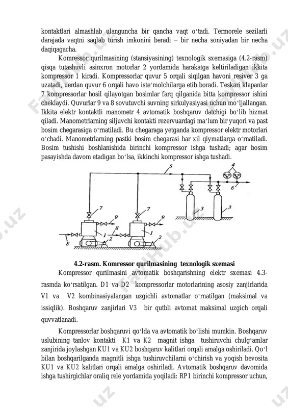 r necha soniyadan bir necha daqiqagacha. komressor qurilmasining (stansiyasining) texnologik sxemasiga (4.2-rasm) qisqa tutashuvli asinxron motorlar 2 yordamida harakatga keltiriladigan ikkita kompressor 1 kiradi. kompressorlar quvur 5 orqali siqilgan havoni resiver 3 ga uzatadi, uerdan quvur 6 orqali havo isteʻmolchilarga etib boradi. teskari klapanlar 7 kompressorlar hosil qilayotgan bosimlar farq qilganida bitta kompressor ishini cheklaydi. quvurlar 9 va 8 sovutuvchi suvning sirkulyasiyasi uchun moʻljallangan. ikkita elektr kontaktli manometr 4 avtomatik boshqaruv datchigi boʻlib hizmat qiladi. manometrlarning siljuvchi kontakti rezervuardagi maʻlum bir yuqori va past bosim chegarasiga oʻrnatiladi. bu chegaraga yetganda kompressor elektr motorlari oʻchadi. manometrlarning pastki bosim chegarasi har xil qiymatlarga oʻrnatiladi. bosim tushishi boshlanishida birinchi kompressor ishga tushadi; agar bosim pasayishda davom etadigan boʻlsa, ikkinchi kompressor ishga tushadi. 4.2-rasm. komressor qurilmasining texnologik sxemasi kompressor qurilmasini avtomatik boshqarishning elektr sxemasi 4.3- rasmda koʻrsatilgan. d1 va d2 kompressorlar motorlarining asosiy zanjirlarida v1 va v2 kombinasiyalangan uzgichli avtomatlar oʻrnatilgan (maksimal va issiqlik). …