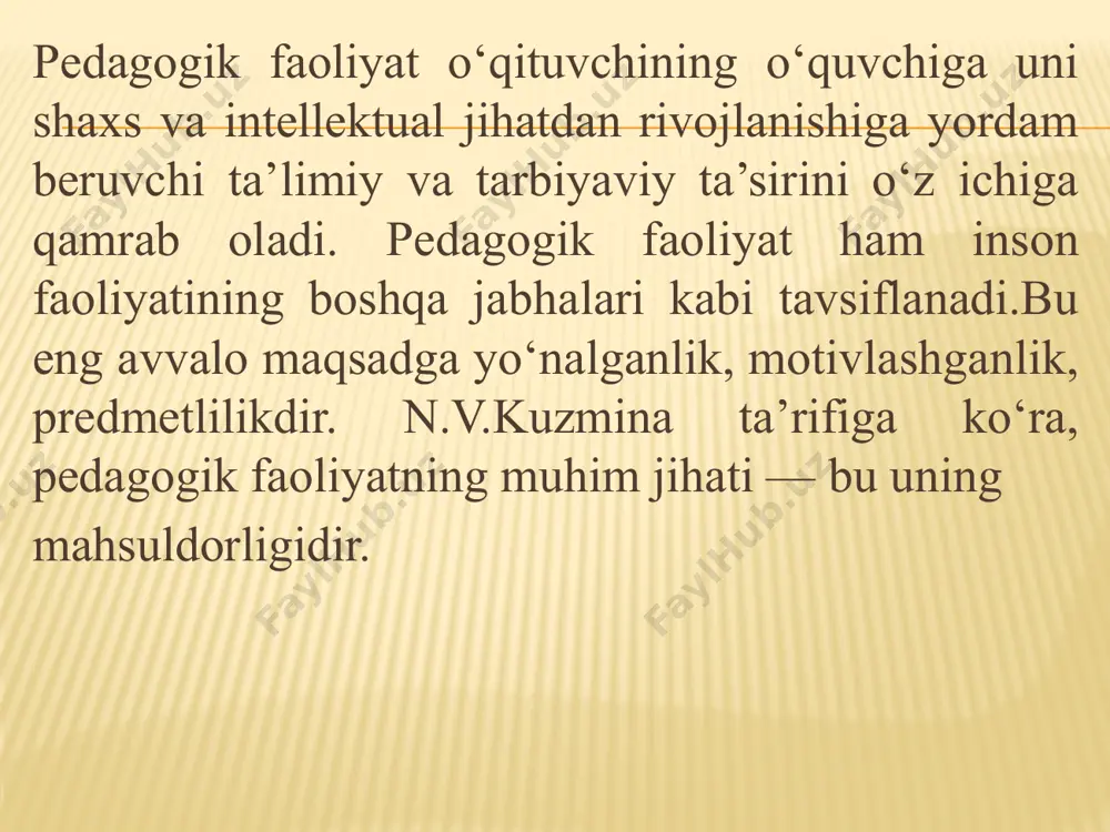 ordamchi vositalarga esa texnik, kompyuter, grafik vositalarni kiritish mumkin. pedagog faoliyatidagi ijtimoiy-madaniy malakani yetkazish bu tushuntirish, ko‘rsatish (illyustratsiya), darslik mashqlarini tahsil oluvchilar bilan birga ishlash, tahsil oluvchini bevosita amaliyoti (laboratoriya, amaldagi) va treningdan iborat. pedagogik faoliyatning mahsuli bo‘lib o‘quvchining aksiologik, emotsional mazmuniy, predmetli, baholash mezonlarini aks ettiruvchi individual malakasining shakllanganligi hisoblanadi. pedagogik faoliyatning natijasi asosiy maqsaddan kelib chiqqan holda o‘quvchilarning shaxsiy, intellektual rivojlanishi, ularni o‘quv faoliyatining subyekti va shaxs sifatida shakllanishi hisoblanadi. pedagogik faoliyatning muhim tarkibiy qismlaridan biri bu motivatsiya hisoblanadi. pedagogik faoliyatda ham o‘quv faoliyatdagi kabi motivatsion soha ajratilib ko‘rsatiladi. bu tashqi va ichki motivlardir. tashqi motiv sifatida biror-bir narsaga erishish istagini, ichki motiv sifatida esa o‘z faoliyatining jarayoni va natijasiga e’tibor berishni misol qilish mumkin. pedagogik faoliyat pedagogik vaziyatdagi turli-tuman xatti-harakatlarning umumlashmasidan iborat: perseptiv, mnemik, kommunikativ, izlanuvchanlik, nazorat qilish, baholash va h.k. ushbu turlituman faoliyatlarning jamlanmasi bir qancha psixologo-pedagogik funksiyalarni belgilab beradi. p.f.kapterev o‘qituvchiga xos bo‘lgan obyektiv va …