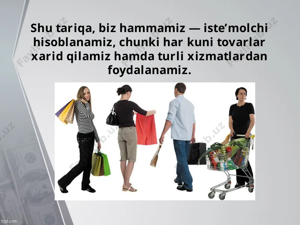 r sotib olganlik yoki ish (xizmat) uchun haq to‘laganlikni tasdiqlaydigan hujjat qanday ataladi? 4. tovarlar haqidagi axborotda qanday ma’lumotlar keltirilishi shart? 5. qonunga muvofiq kim sotuvchi hisoblanadi? 6. muvofiqlik sertifikati nimani tasdiqlaydi? 7. sifati past yoki nuqsoni bo‘lgan tovar xarid qilgan iste’molchi nimani talab qilishga haqli? image2.jpg image3.jpeg image4.jpg image5.jpeg image6.jpeg image7.jpeg image8.jpeg image9.jpeg image10.png image11.jpeg image12.jpeg image13.jpeg image14.jpeg image15.jpeg image16.jpeg image17.jpeg image18.jpeg image19.jpeg image1.jpg
