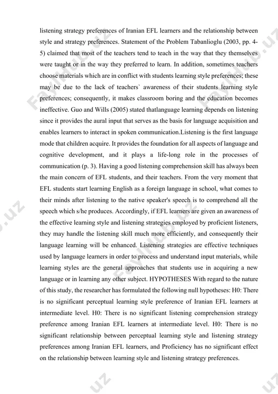 to process and understand input materials, while learning styles are the general approaches that students use in acquiring a new language or in learning any other subject. hypotheses with regard to the nature of this study, the researcher has formulated the following null hypotheses: h0: there is no significant perceptual learning style preference of iranian efl learners at intermediate level. h0: there is no significant listening comprehension strategy preference among iranian efl learners at intermediate level. h0: there is no significant relationship between perceptual learning style and listening strategy preferences among iranian efl learners, and proficiency has no significant effect on the relationship between learning style and listening strategy preferences. 2.methodolgy for the purpose methodology for the purpose of this study and in an attempt to test the hypotheses, a sample nelson language proficiency test was administered to 95 participants majoring in english language translation in kazeroon islamic azad university …