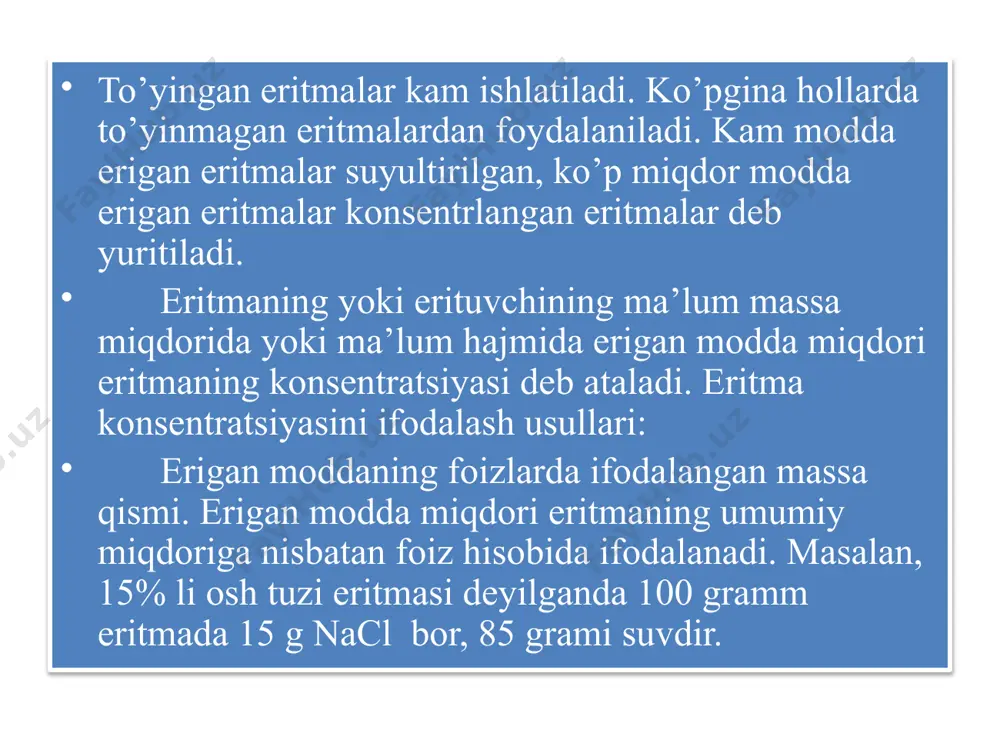 yasini toping? ye ch i sh. xlorid kislotaning normal konsentratsiyasini quyidagicha topamiz: normal kontsentratsiya yoki normallik. bunda eritma kontsentratsiyasi erigan moddaning 1l eritmadagi ekvivalentlari soni bilan ham ifodalanadi. normal kontsentratsiyani hisoblash uchun quyidagi formuladan foydalaniladi. cn = bu yerda: cn – eritmaning normal kontsentratsiyasi, a - erigan modda massasi, e – erigan moddaning ekvivalent massasi (g . mol–1 ), v – eritmaning umumiy hajmi (ml hisobida) ko’pincha cn o’rnida n (yoki n) harflari ham ishlatiladi. eritma normal kontsentratsiyasi mol . l –1 ifodalanadi: n1 – va n2 – erituvchi va erigan moddaning mollari soni mol qism erigan modda miqdorining eritmada erigan modda va erituvchining mollari yig’indisi nisbatiga tengdir. mol qism n2 harfi bilan belgilanadi: cn = molyal kontsentratsiya yoki molyallik. 1000 g erituvchida erigan moddaning mollar soni bilan ifodalangan konsentratsiya molyal konsentratsiya deyiladi. odatda molyal konsentratsiya m harfi bilan ifodalanadi. masalan, sulfat kislota eritmasi uchun m = 2 mol/kg bo’lsa, …
