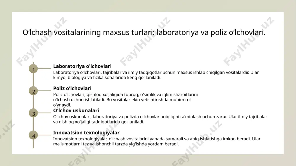 ovlar uchun zaruriy asos bo'lib xizmat qiladi, natijalarni yuqori aniqlikda ko'rsatadi. 3 innovatsion rivojlanish o'lchash vositalarining takomillashuvi ilm-fan va texnologiyaning rivojlanishiga yordam beradi, yangi kashfiyotlar va innovatsiyalarga yo'l ochadi. xulosa 1 o'lchash vositalarining ahamiyati o'lchash vositalari ilmiy tadqiqotlar va amaliy sohalarda muhim rol o'ynaydi, aniqlik va ishonchlilikni ta'minlaydi, natijalarni kuchli qiladi. 2 o'lchash turlari va sinflari o'lchash vositalari mexanik va elektron kabi turlarga bo'linadi, har birining o'ziga xos afzalliklari va foydalanish sohalari mavjud, muhim ilmiy natijalar beradi. 3 innovatsion texnologiyalar zamonaviy innovatsion texnologiyalar o'lchash vositalarini yanada samarali va aniq ishlatishga yordam beradi, bilim va tajribalarni kengaytirish imkonini yaratadi. foydalanilgan adabiyotlar 1. toshpulatov, g. m. o'lchash vositalari va ularning tasnifi. o'zbekiston fanlar akademiyasi, 2021 2. rahmonov, a. o'lchash vositalarining turlari va ularning ilmiy ahamiyati. o'zbekiston milliy universiteti, 2020 3. abduraxmonov, i. ilmiy o'lchashda foydalaniladigan vositalar: nazariya va amaliyot. o'zbekiston ta'lim vazirligi, 2022 4. xolov, s. o'lchash vositalari va uning sinflanishi. o'zbekiston …